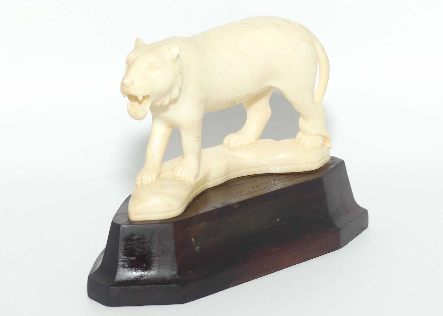 Carved Ivory figure of Tiger Stalking on Rosewood Base