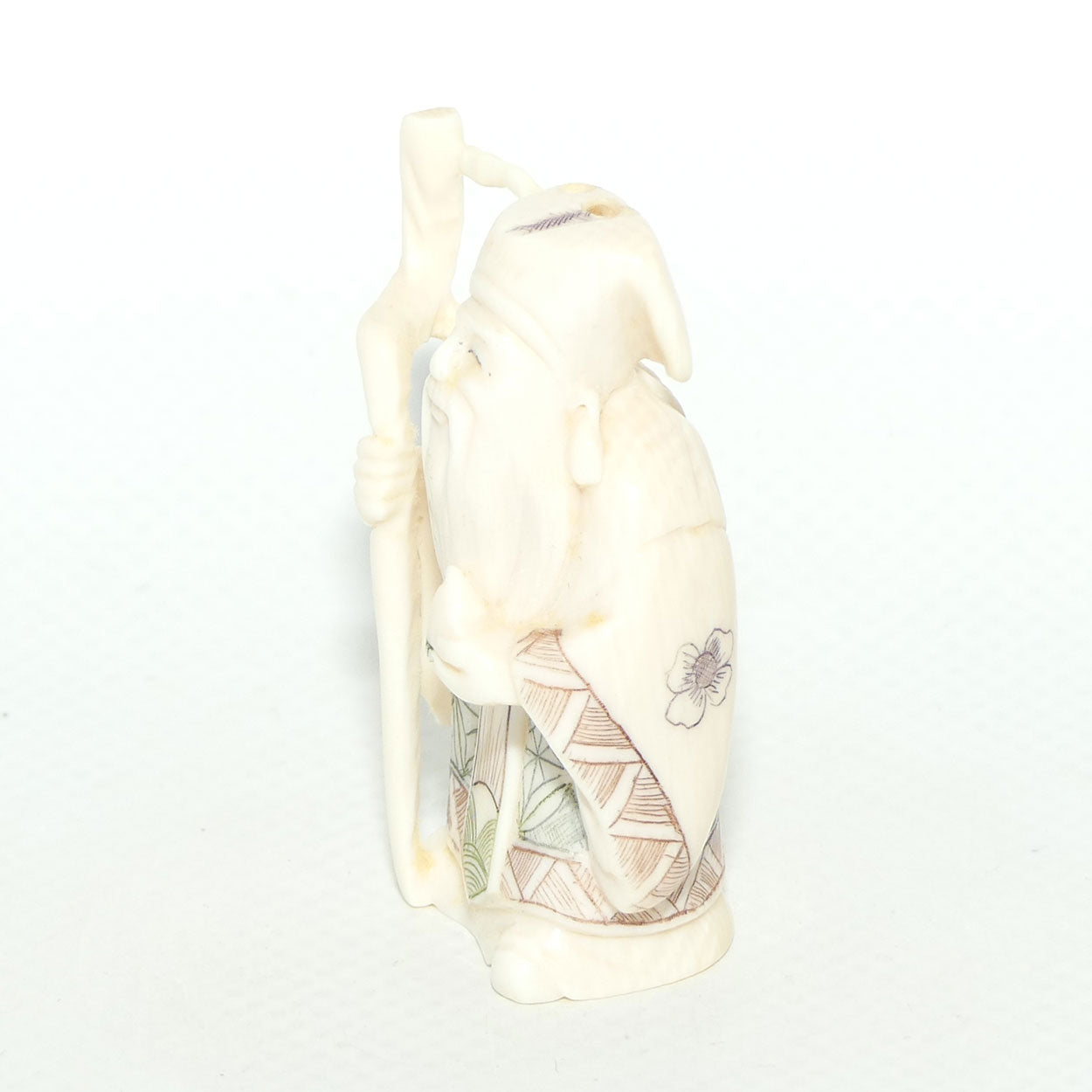 Japanese Carved Ivory Netsuke | Showa era | Man with Beard and Staff | Jurojin