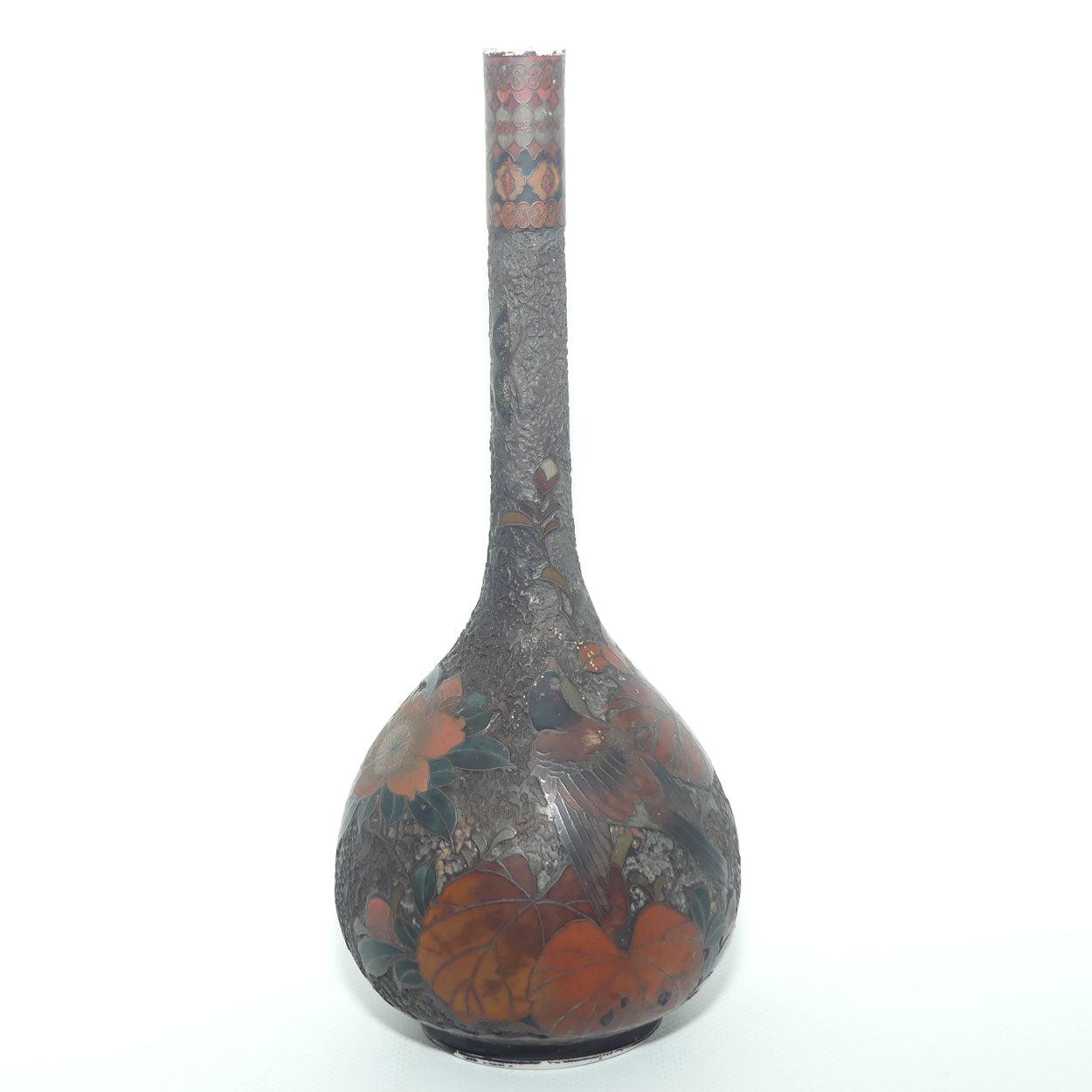 Japanese Totai Shippo | Tree Bark Cloisonne vase with slender neck | Birds and Leaves | Meiji period