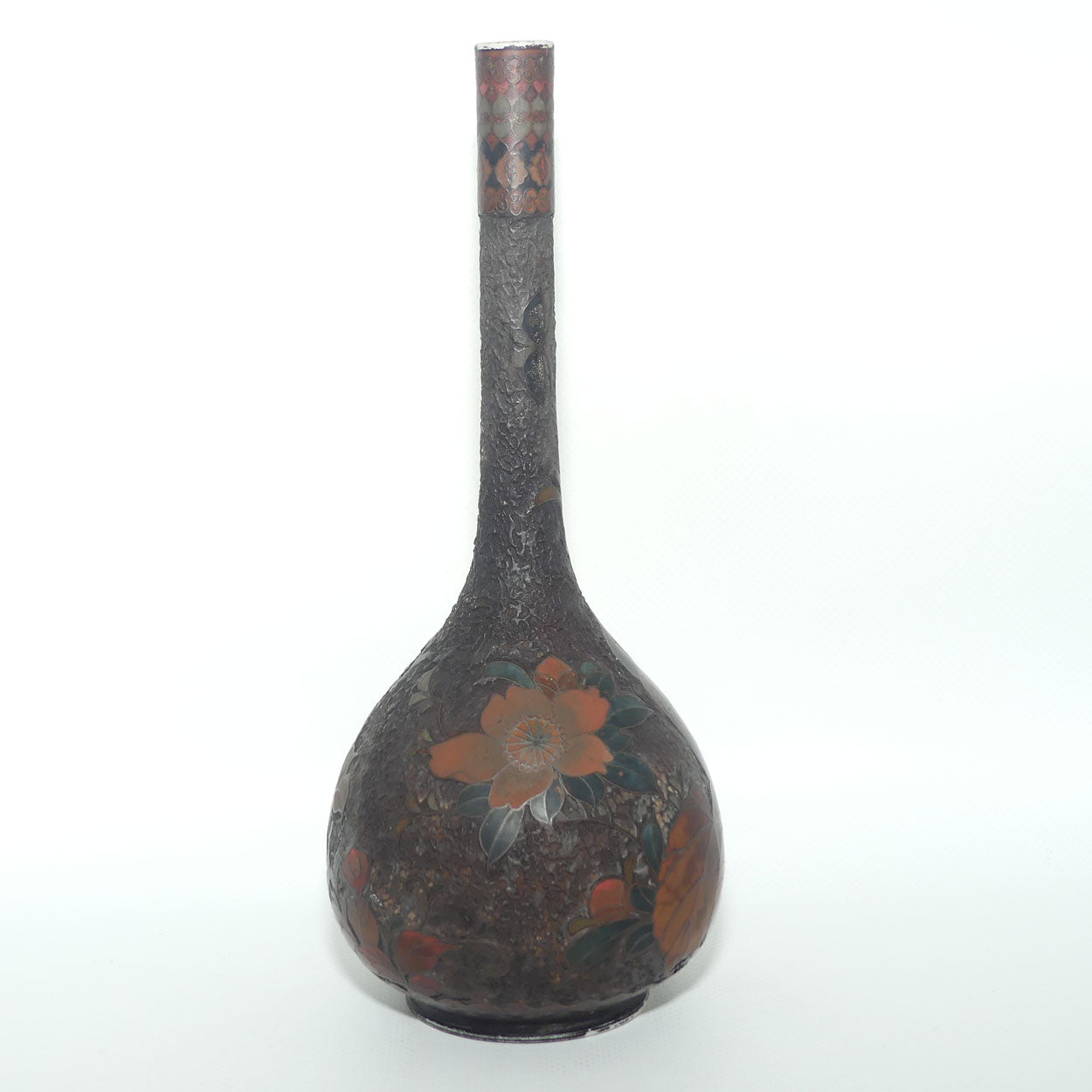 Japanese Totai Shippo | Tree Bark Cloisonne vase with slender neck | Birds and Leaves | Meiji period