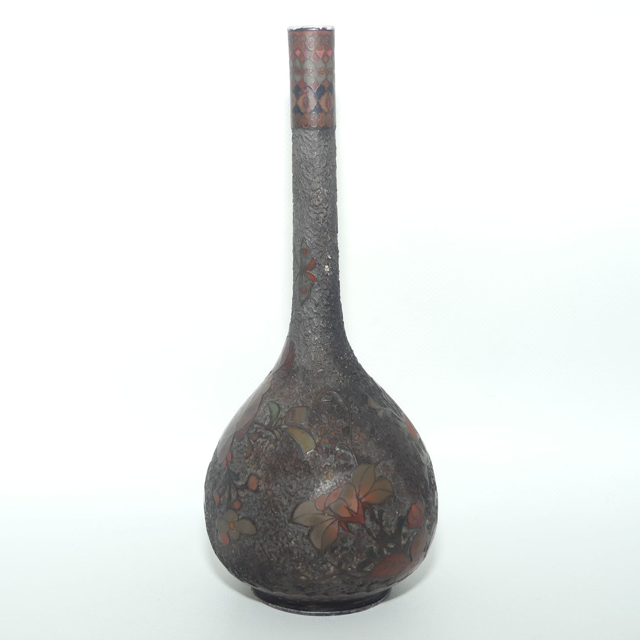 Japanese Totai Shippo | Tree Bark Cloisonne vase with slender neck | Birds and Leaves | Meiji period