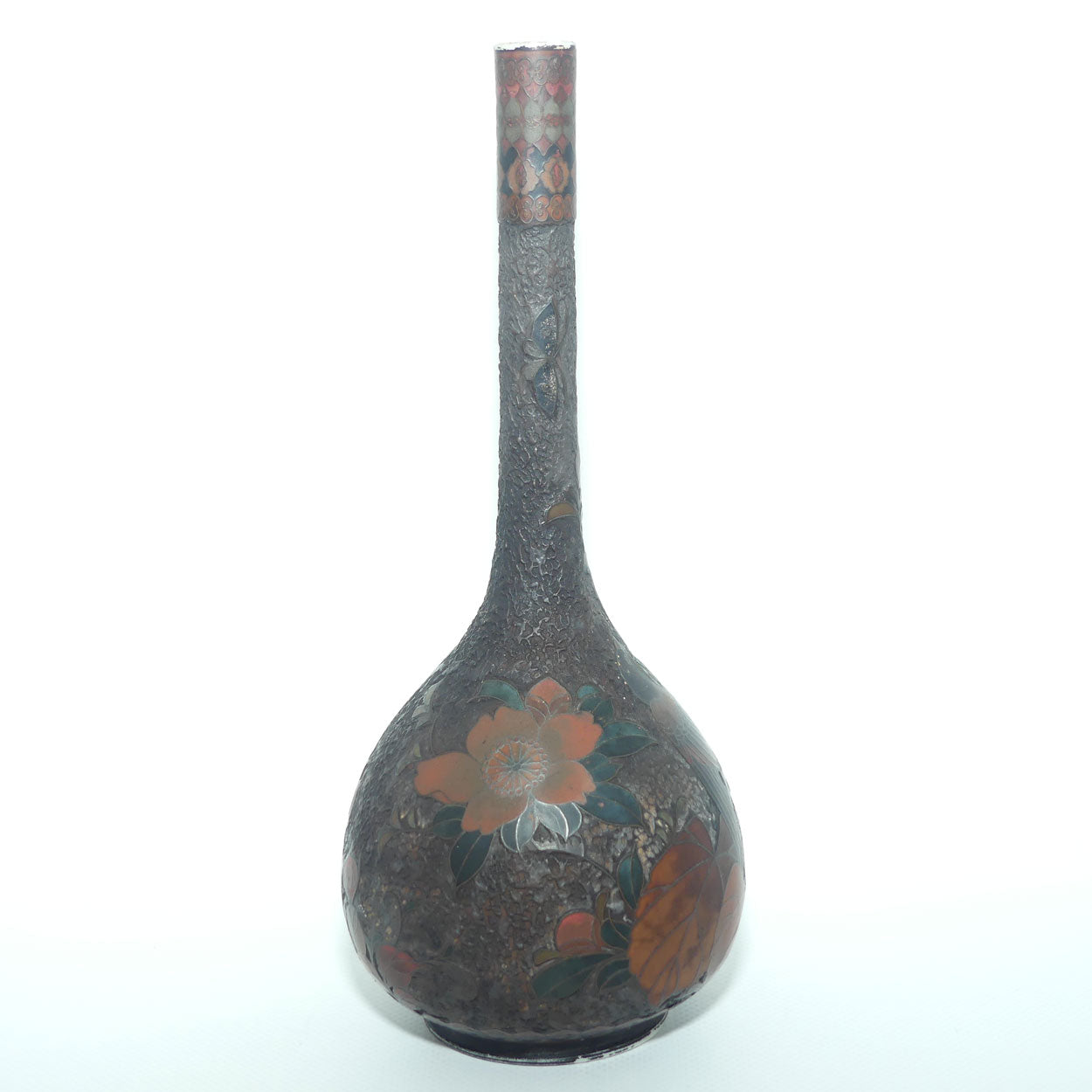 Japanese Totai Shippo | Tree Bark Cloisonne vase with slender neck | Birds and Leaves | Meiji period