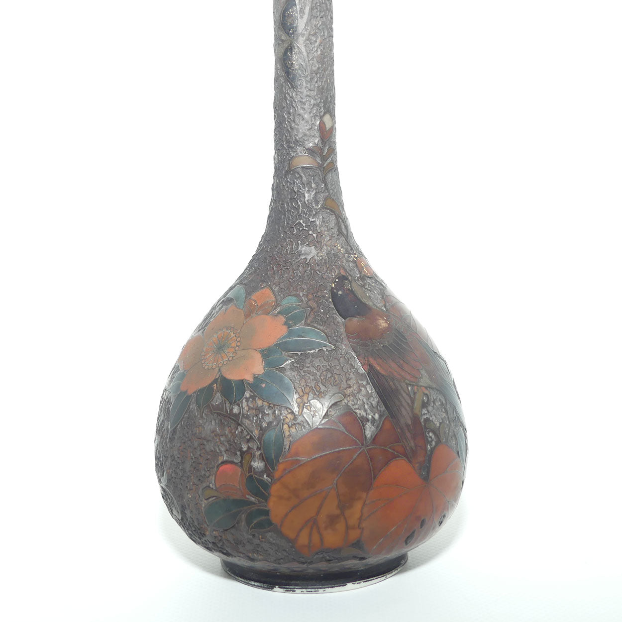 Japanese Totai Shippo | Tree Bark Cloisonne vase with slender neck | Birds and Leaves | Meiji period