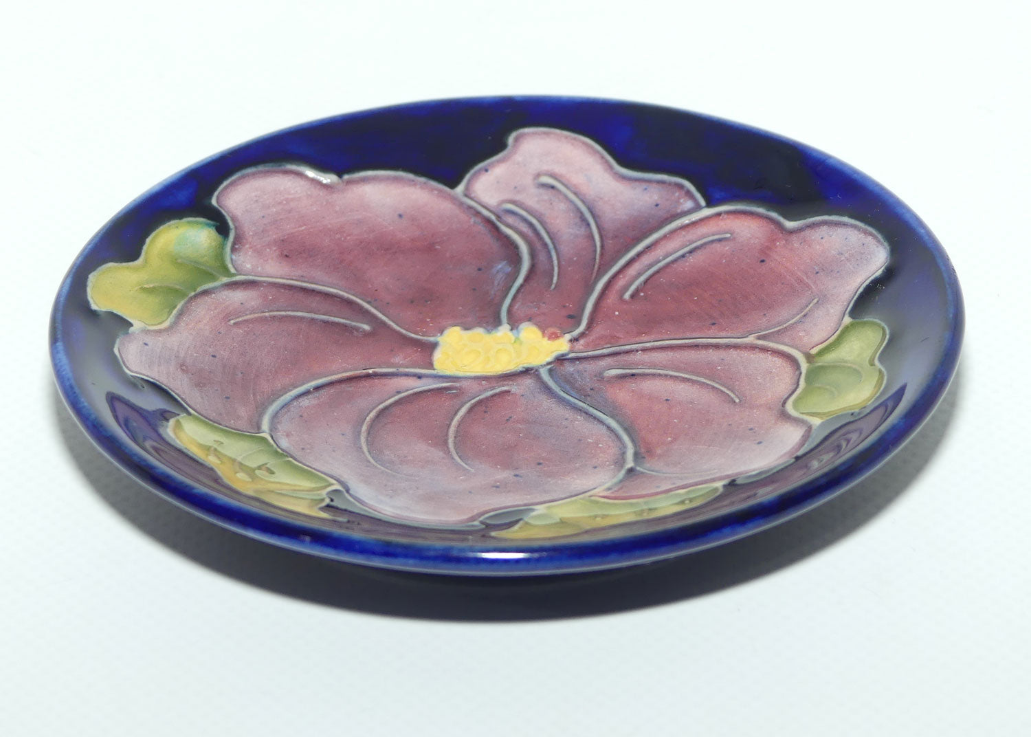 Walter Moorcroft Clematis with Blue ground round tray | Purple Flower | 11.7cm diam