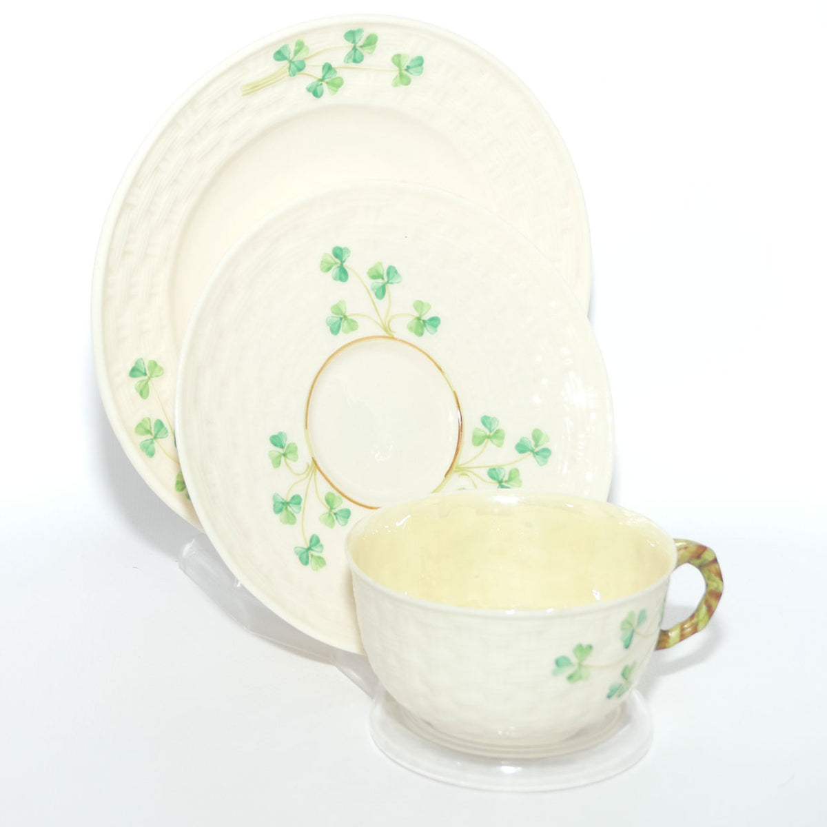 Belleek Shamrock Basket Weave trio | 2nd Green mark