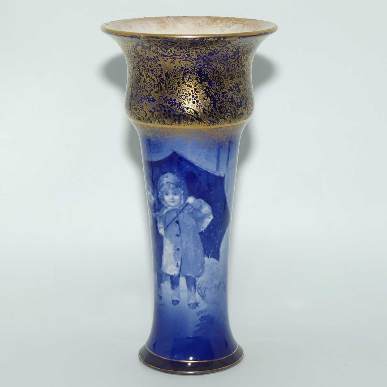 Royal Doulton Blue Children Gilt Band Trumpet vase
