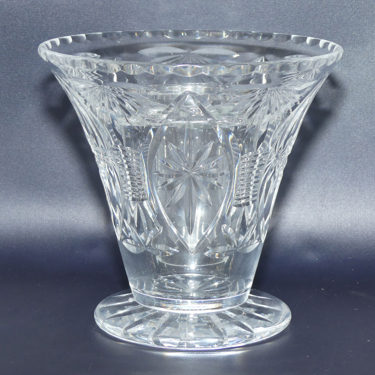 Webb Corbett Crystal vase | Richly Cut trumpet shape with extra wide base and insert | 15cm tall