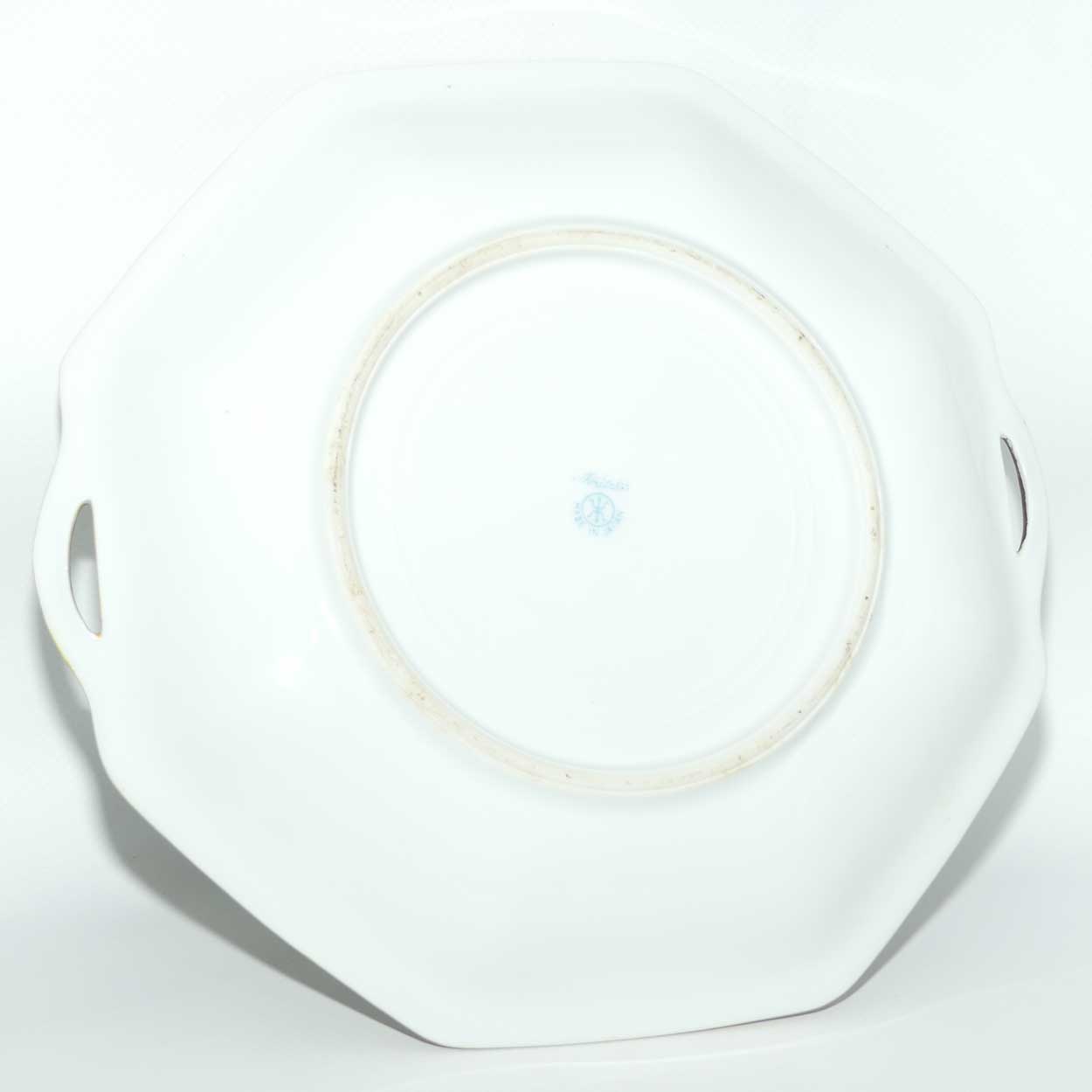 early Noritake Hand Painted and Gilt decorated Blue ground twin handle cake plate | Lake Scene