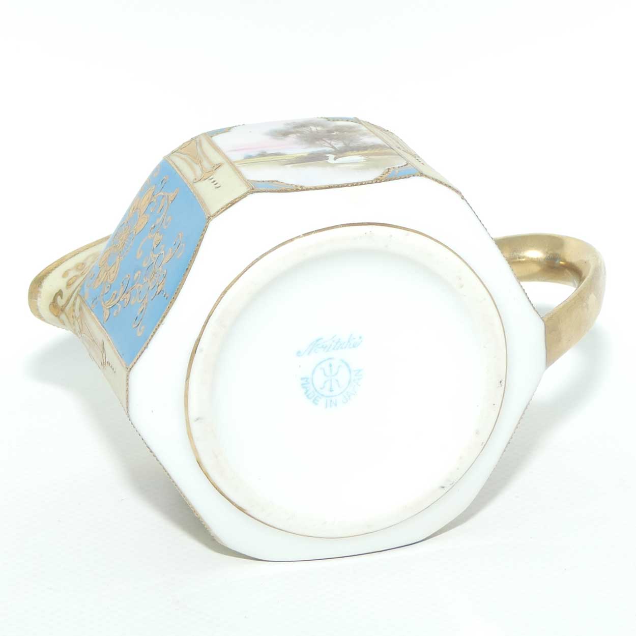 early Noritake Hand Painted and Gilt decorated Blue ground milk and sugar | Hexagonal shape | Lake Scene