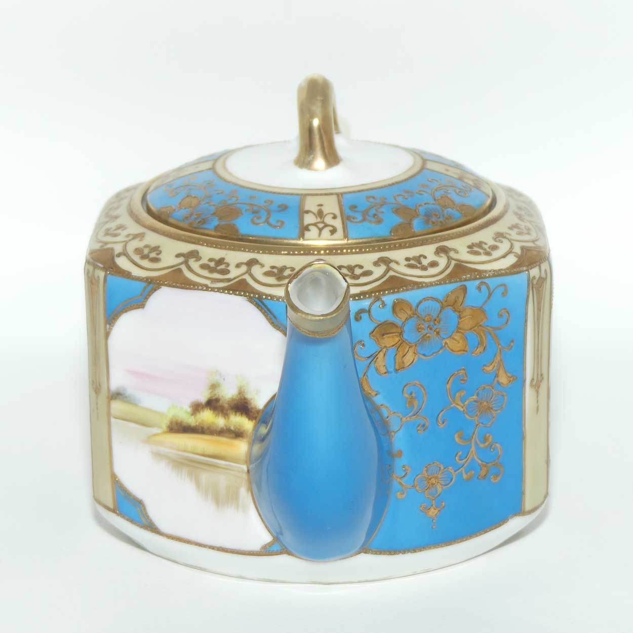 early Noritake Hand Painted and Gilt decorated Turquoise ground tea pot | Hexagonal shape | Lake Scene