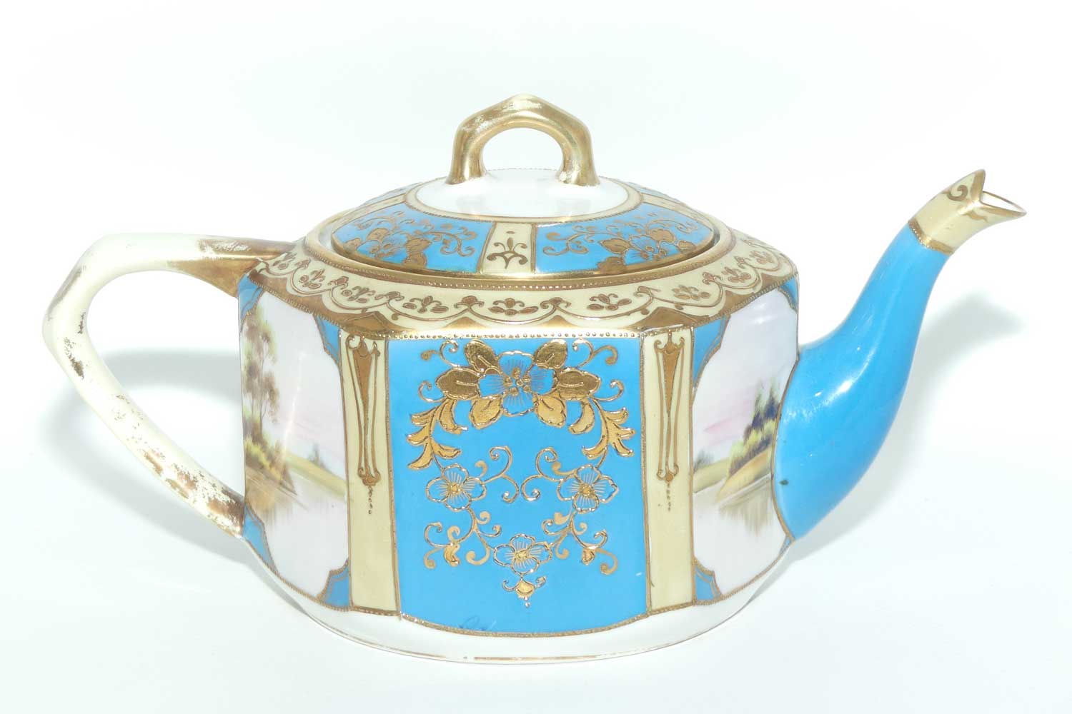 early Noritake Hand Painted and Gilt decorated Turquoise ground tea pot | Hexagonal shape | Lake Scene
