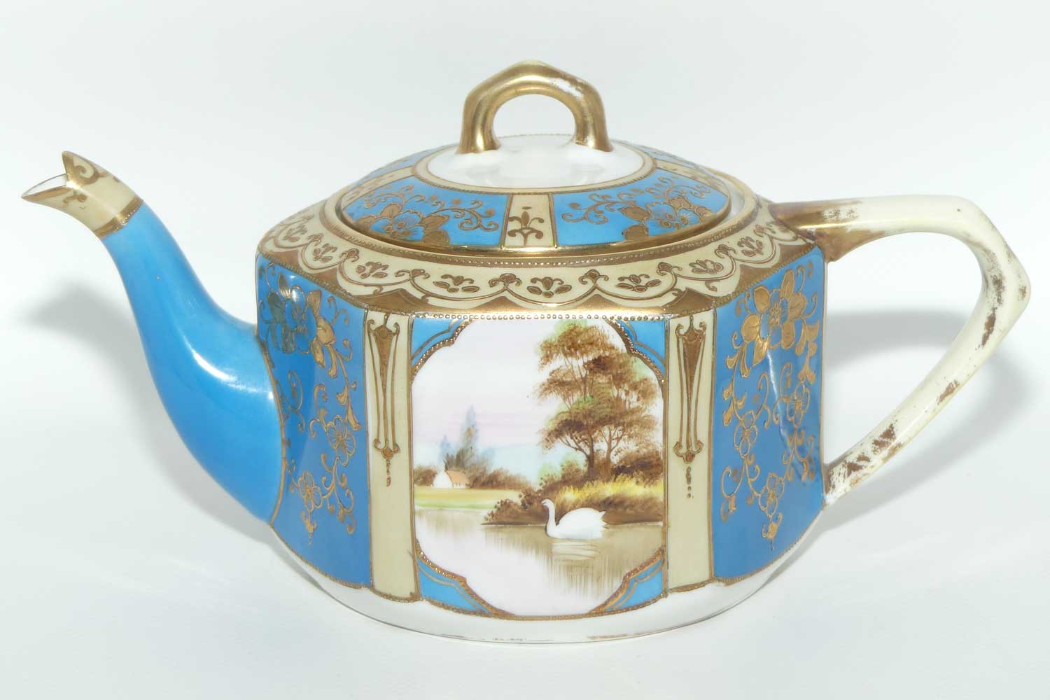 early Noritake Hand Painted and Gilt decorated Turquoise ground tea pot | Hexagonal shape | Lake Scene