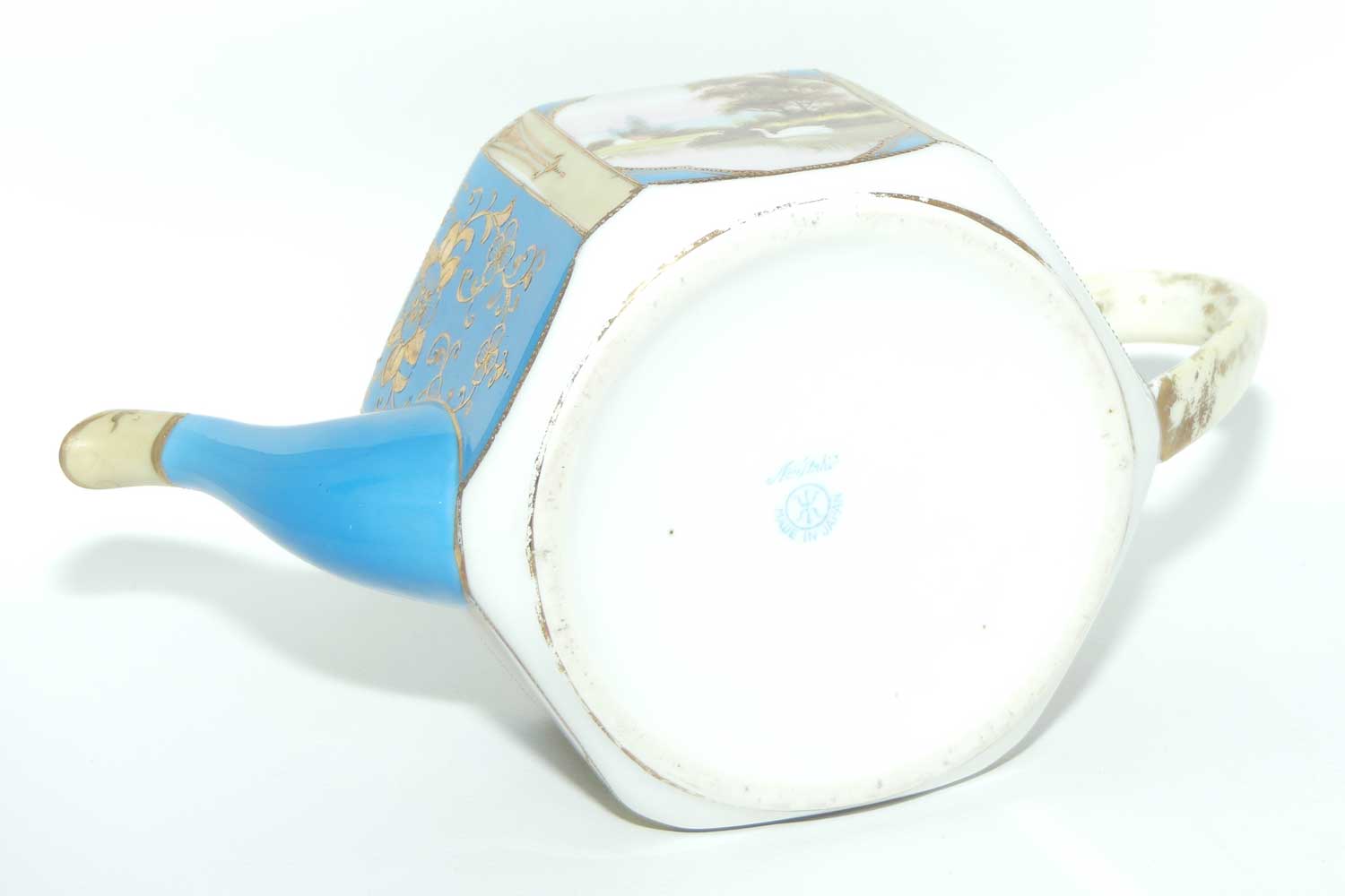 early Noritake Hand Painted and Gilt decorated Turquoise ground tea pot | Hexagonal shape | Lake Scene
