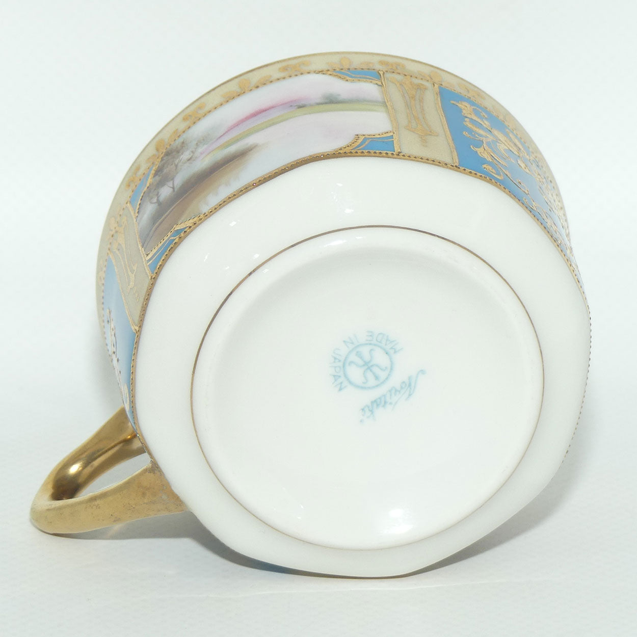Early Noritake Hand Painted and Gilt decorated Blue ground tea trio | #1 | Lake Scene
