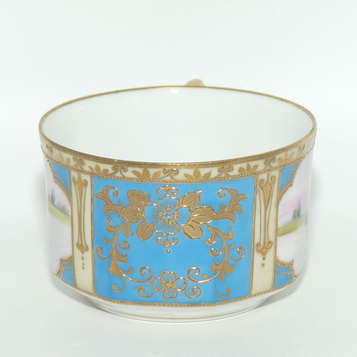 Early Noritake Hand Painted and Gilt decorated Blue ground tea trio | #2 | Lake Scene