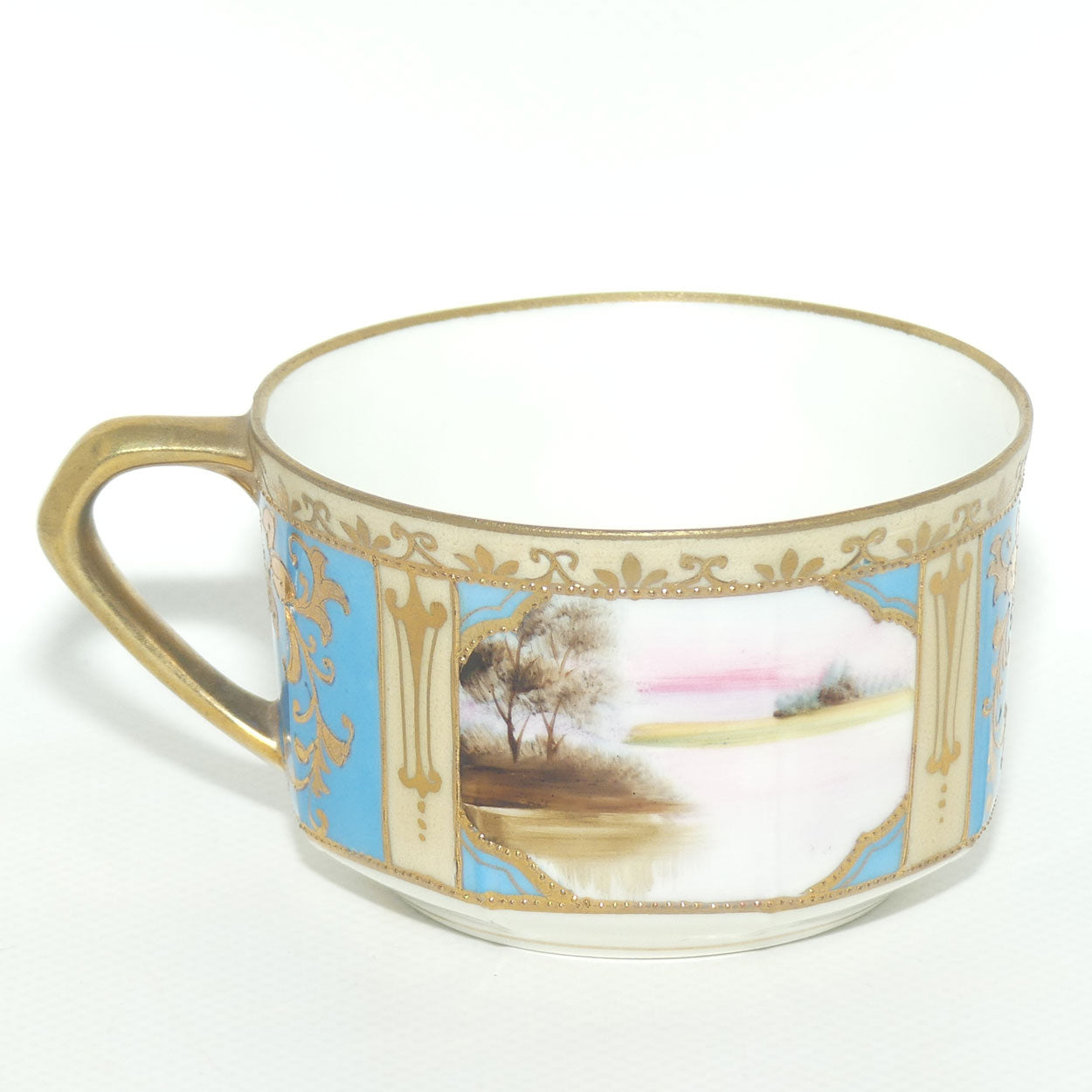 Early Noritake Hand Painted and Gilt decorated Blue ground tea trio | #3 | Lake Scene