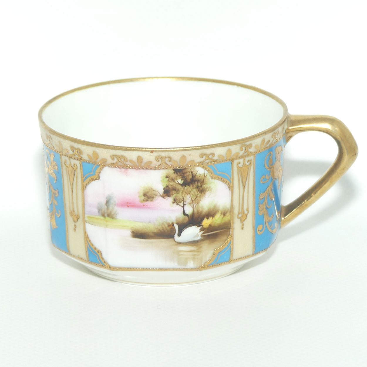 Early Noritake Hand Painted and Gilt decorated Blue ground tea trio | #4 | Lake Scene