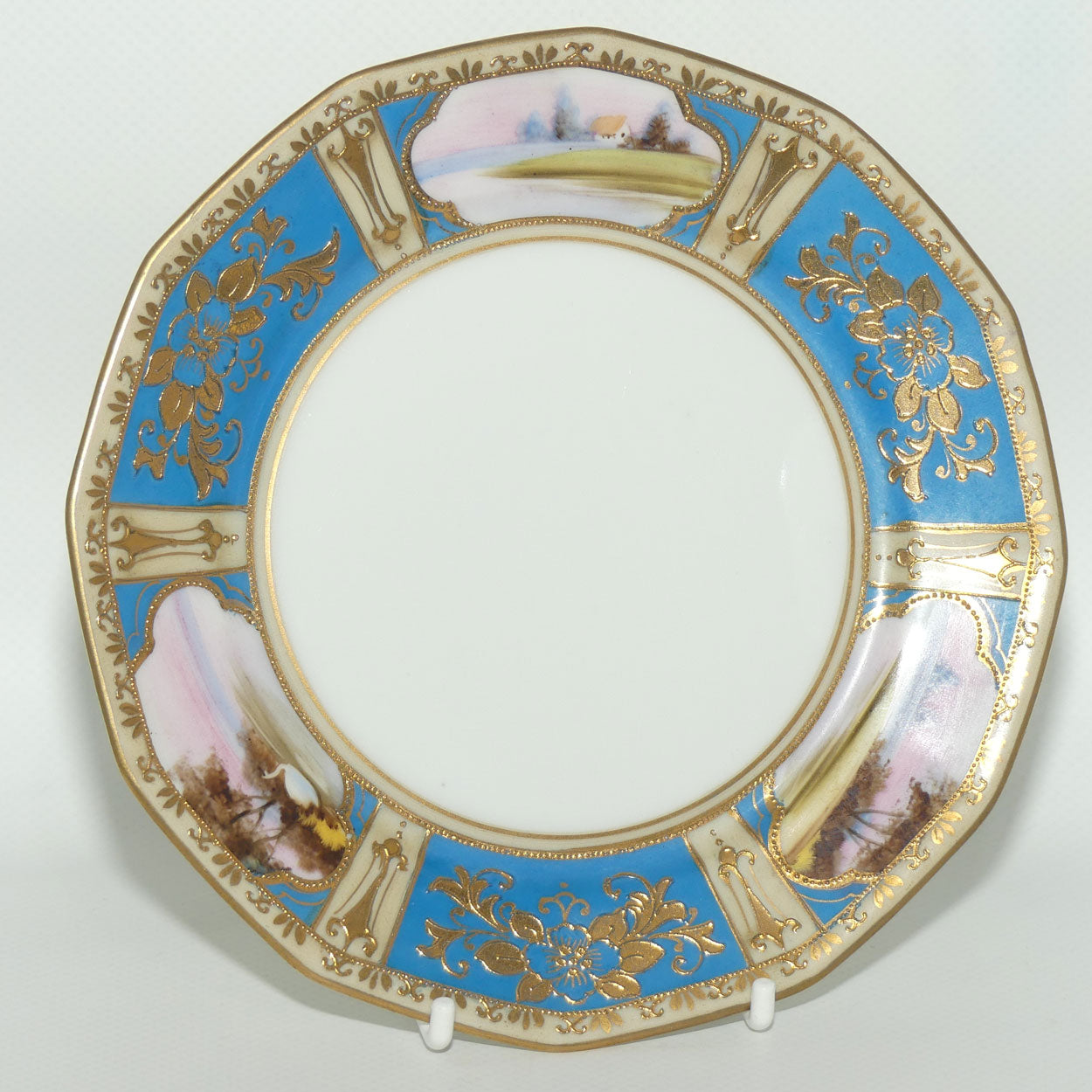 Early Noritake Hand Painted and Gilt decorated Blue ground tea trio | #4 | Lake Scene