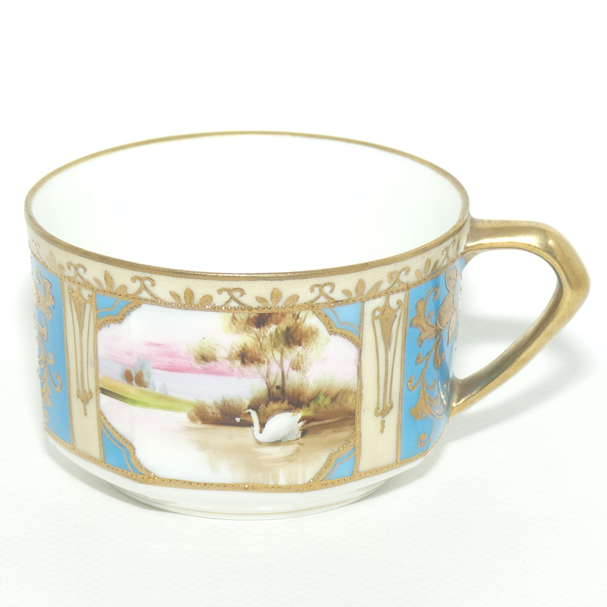 Early Noritake Hand Painted and Gilt decorated Blue ground tea trio | #5 | Lake Scene