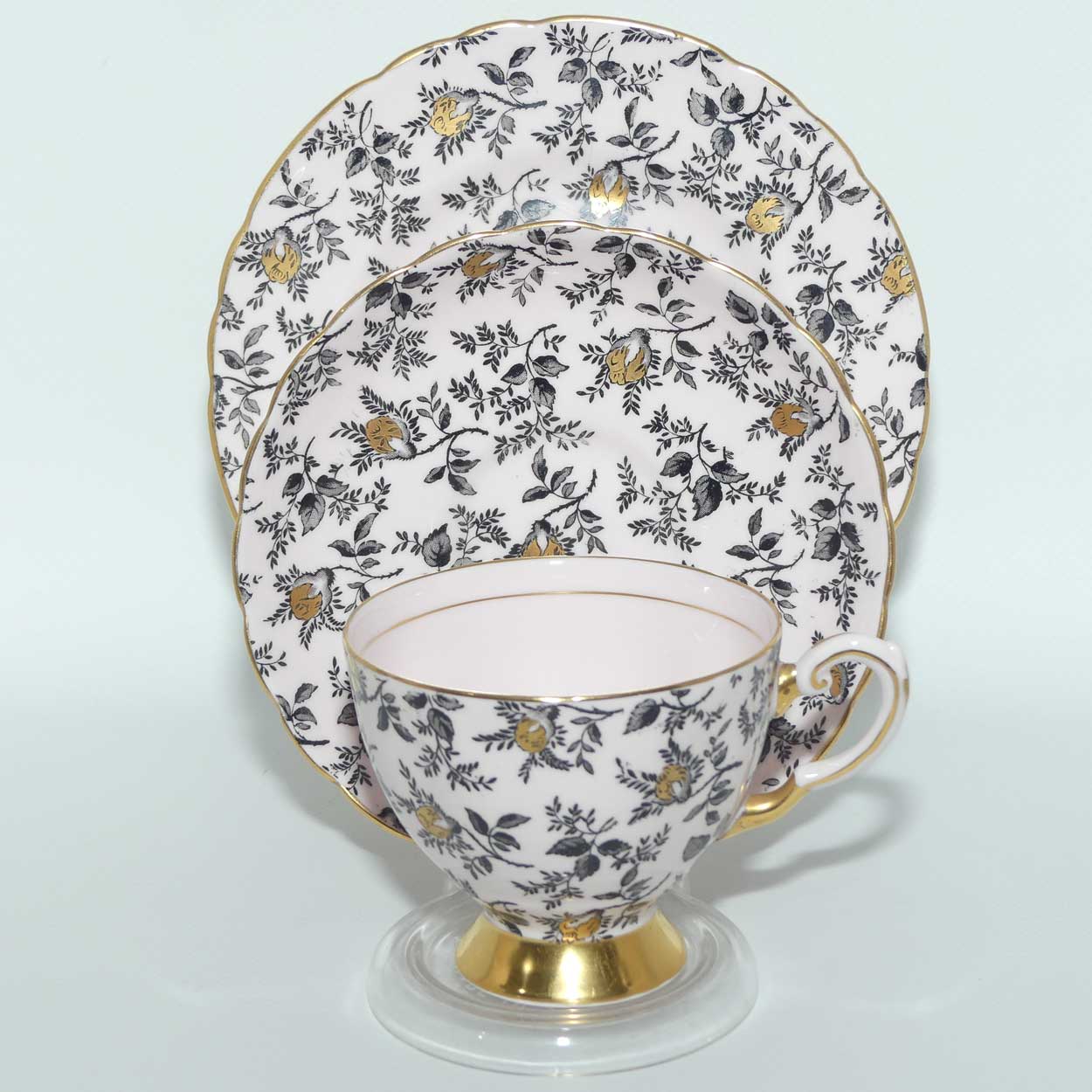 Tuscan Fine English Bone China Black and Gilt Floral trio