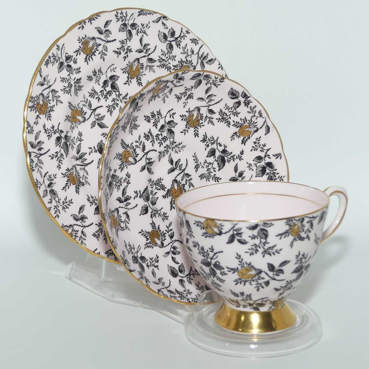 Tuscan Fine English Bone China Black and Gilt Floral trio