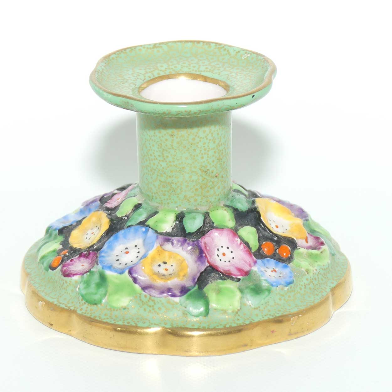 Tuscan China | Embossed Floral Dressing Table candle holder | Green and Gilt