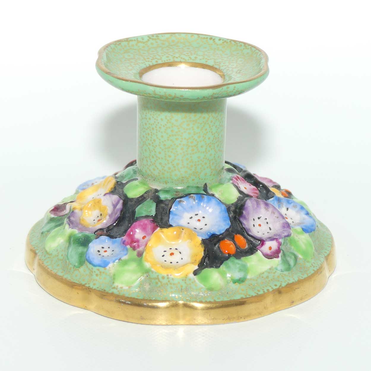 Tuscan China | Embossed Floral Dressing Table candle holder | Green and Gilt