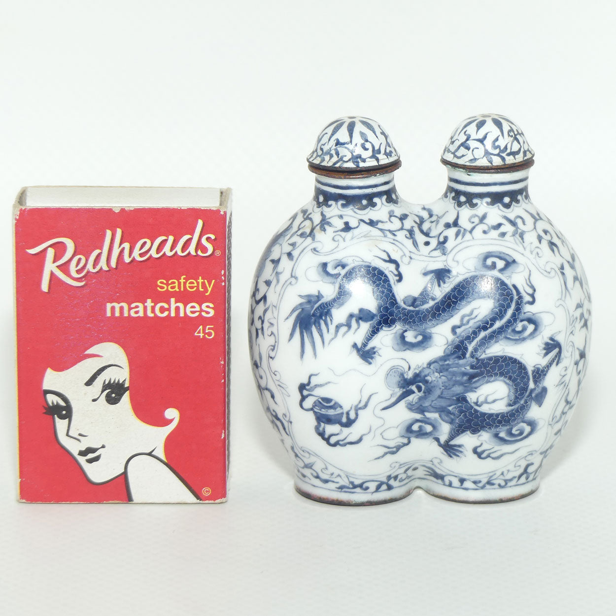 Hand Painted Blue on Enamel Double Snuff Bottle | Dragon chasing the Pearl