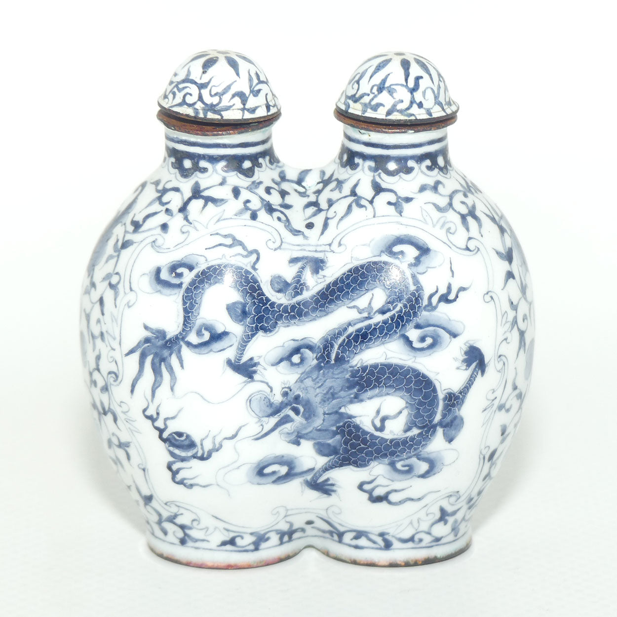 Hand Painted Blue on Enamel Double Snuff Bottle | Dragon chasing the Pearl