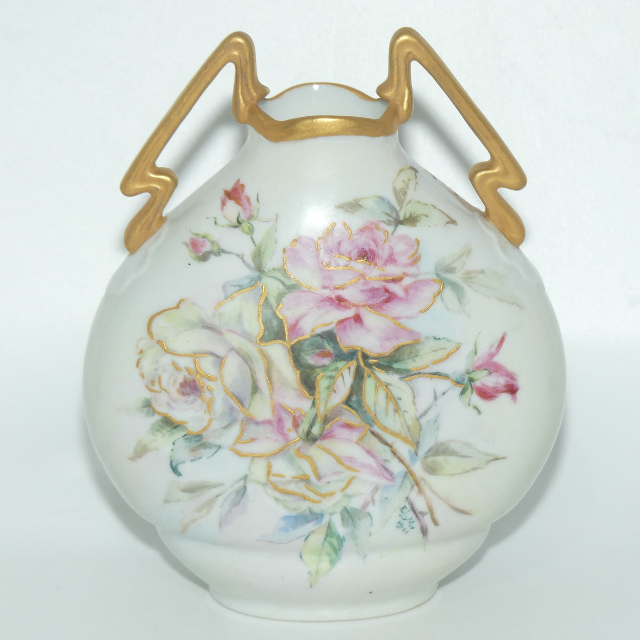Early Australian China Painted twin handle moon shape vase depicting Leaves and Blackberries | Ethel L Thomas | Ethel L Medcalf 1911