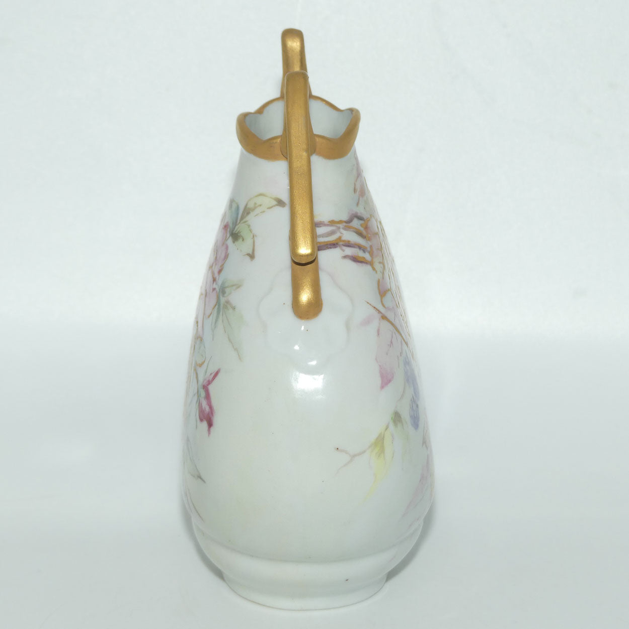 Early Australian China Painted twin handle moon shape vase depicting Leaves and Blackberries | Ethel L Thomas | Ethel L Medcalf 1911