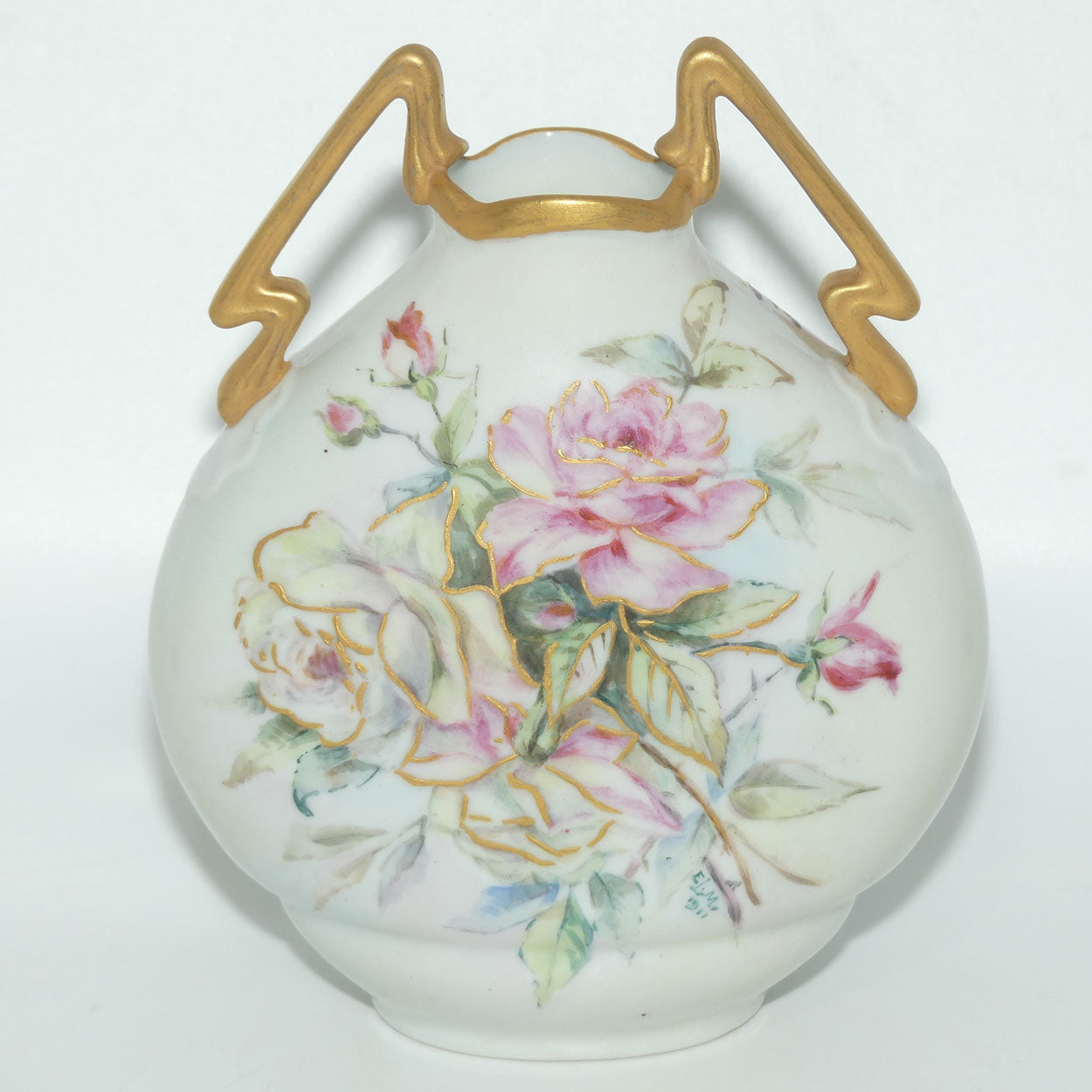 Early Australian China Painted twin handle moon shape vase depicting Leaves and Blackberries | Ethel L Thomas | Ethel L Medcalf 1911