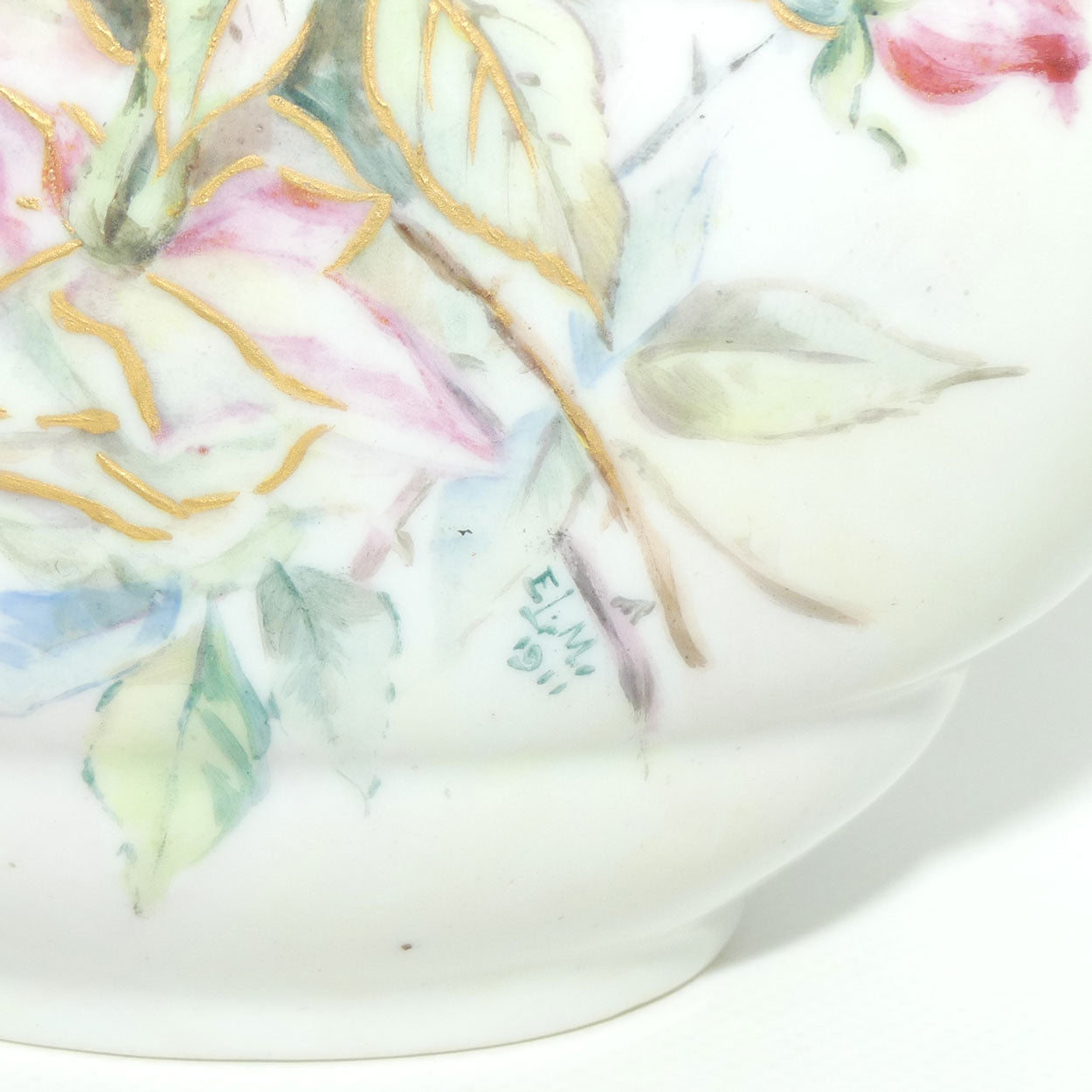 Early Australian China Painted twin handle moon shape vase depicting Leaves and Blackberries | Ethel L Thomas | Ethel L Medcalf 1911