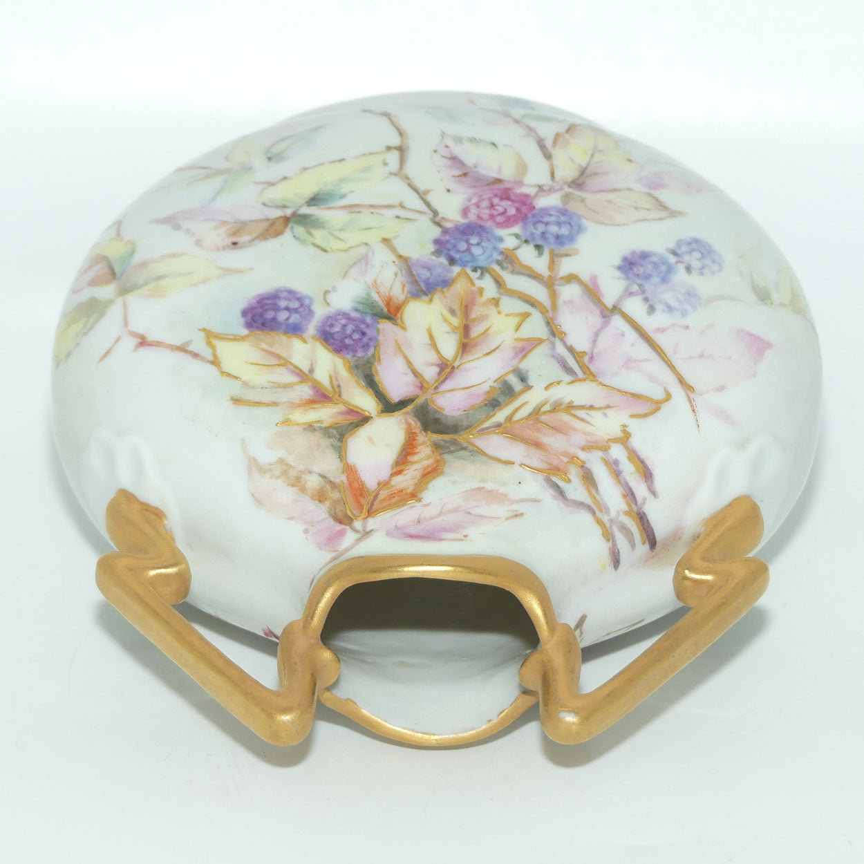 Early Australian China Painted twin handle moon shape vase depicting Leaves and Blackberries | Ethel L Thomas | Ethel L Medcalf 1911