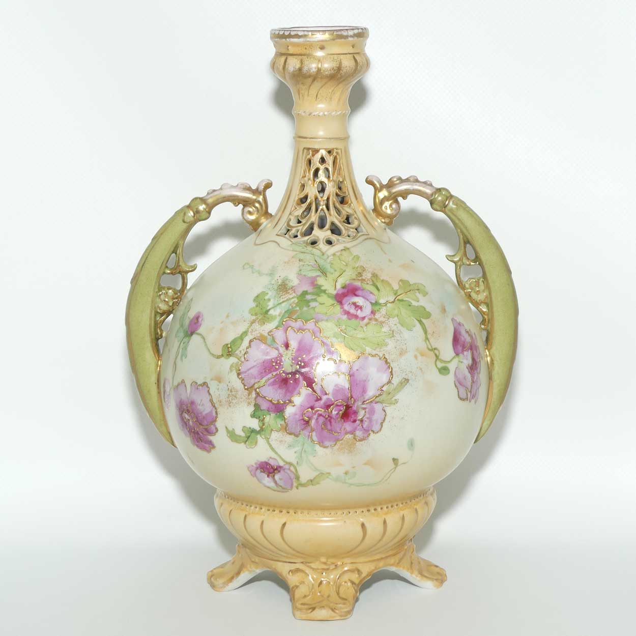 Royal Vienna Turn | Alexandra Porcelain Works Austria twin handle reticulated vase with floral decor