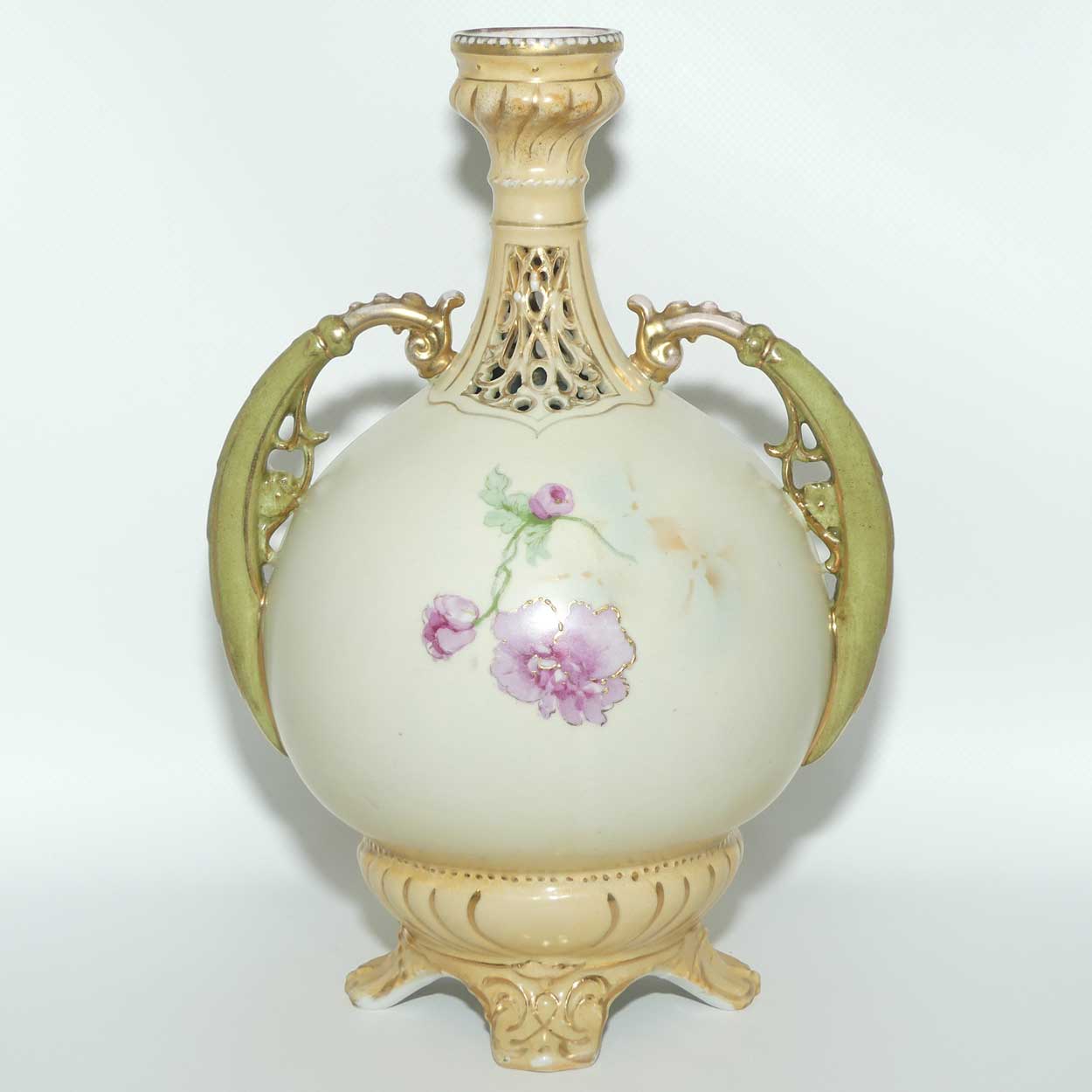Royal Vienna Turn | Alexandra Porcelain Works Austria twin handle reticulated vase with floral decor