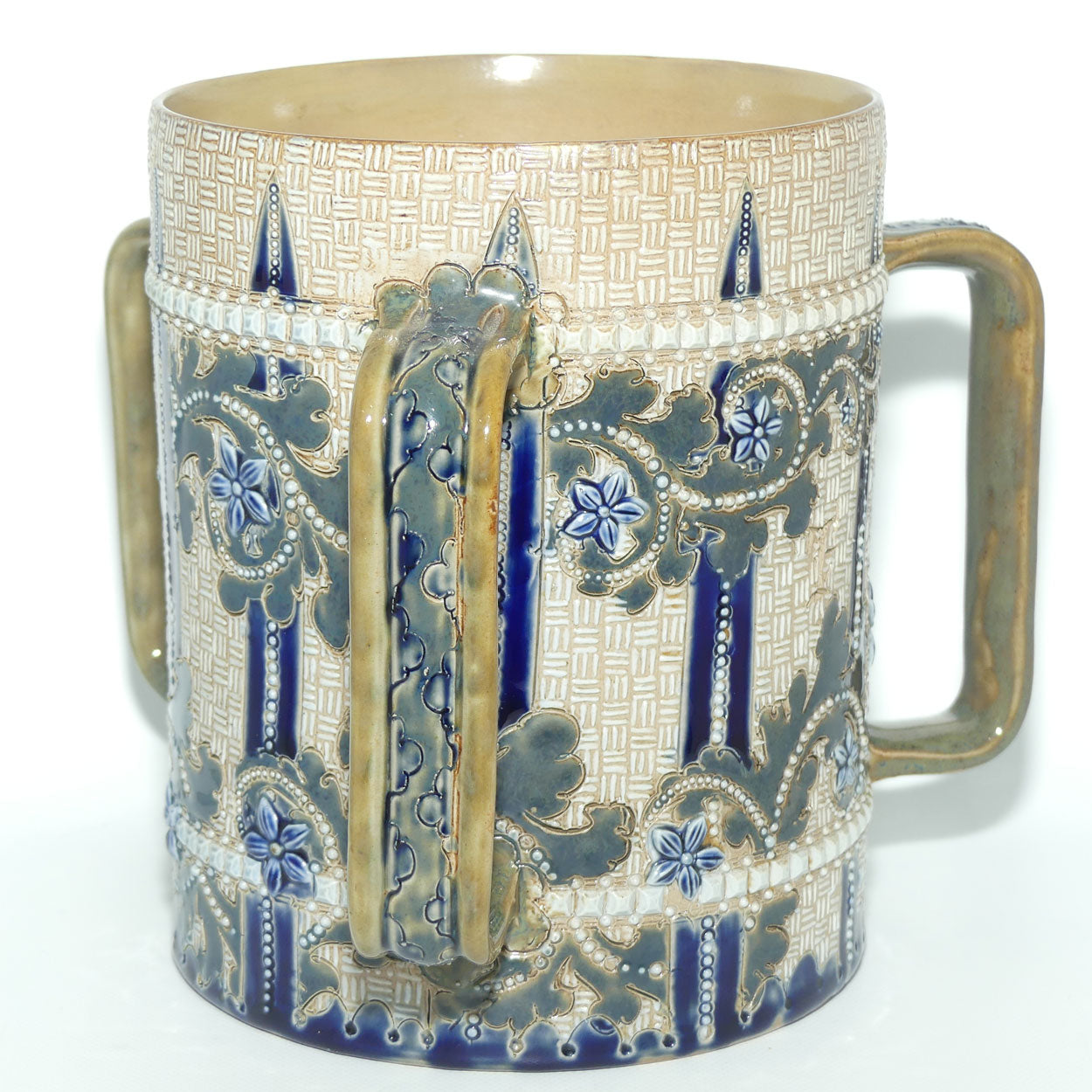 Doulton Lambeth George Tinworth stoneware triple handled loving cup tyg
