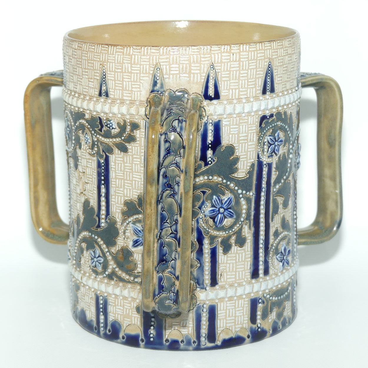 Doulton Lambeth George Tinworth stoneware triple handled loving cup tyg