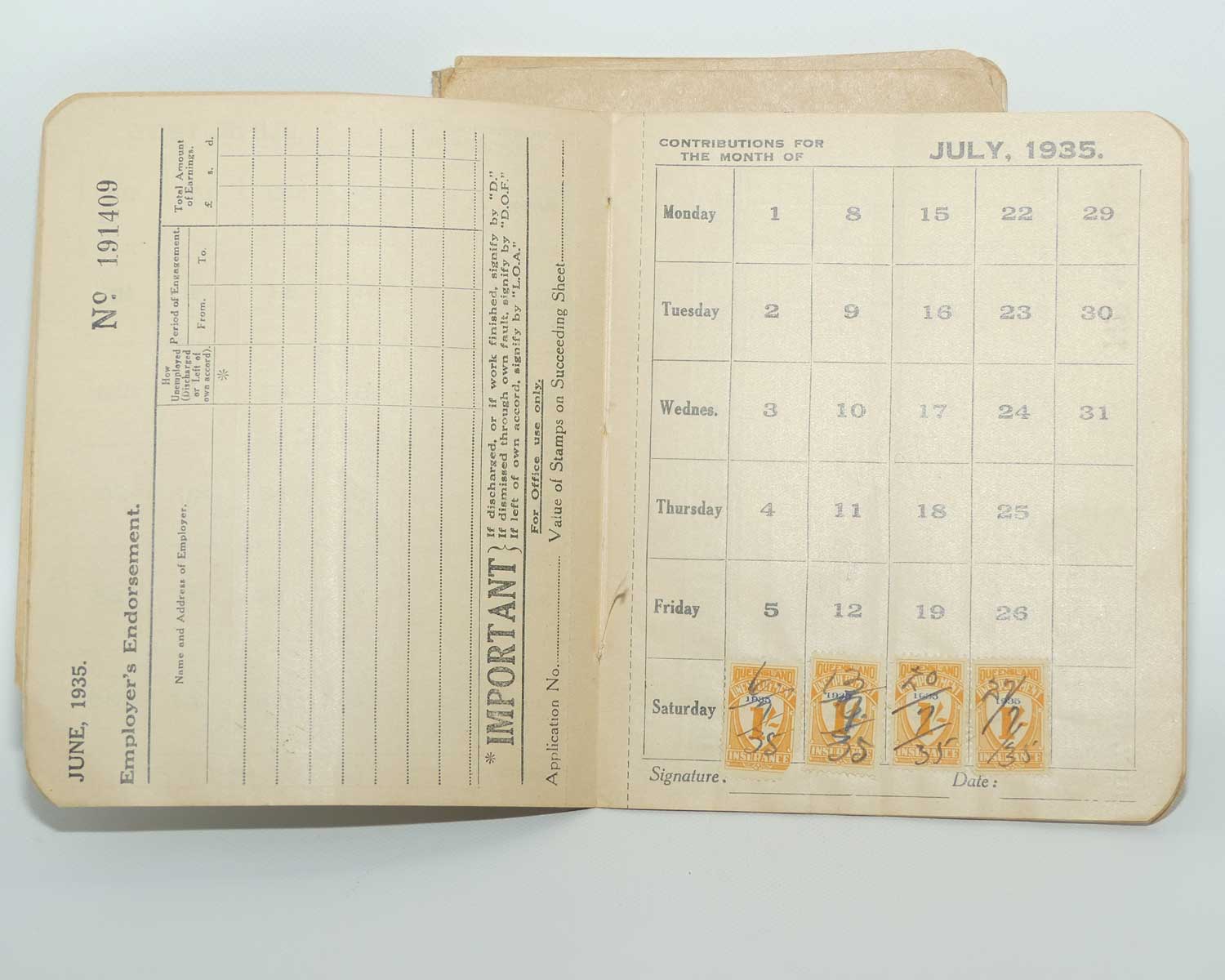 Collection of Four Unemployment Insurance Contributions Books | 1935 1936 1937 1941/2