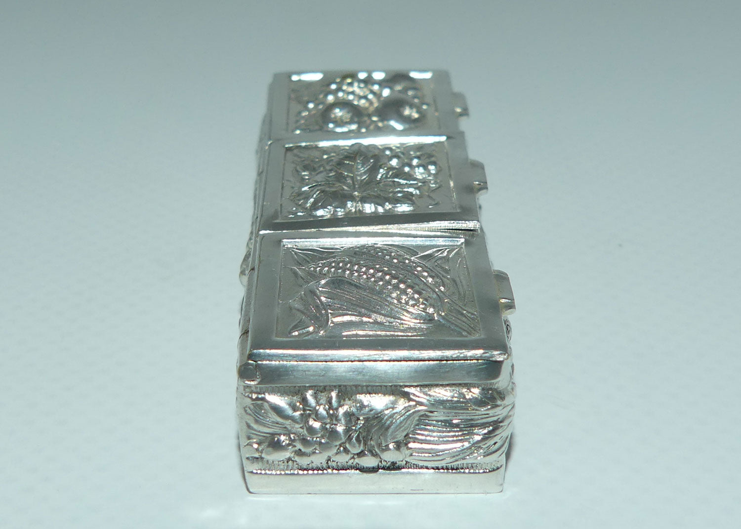 Vintage Three Section Harvest Motif Continental Silver Plate pill box