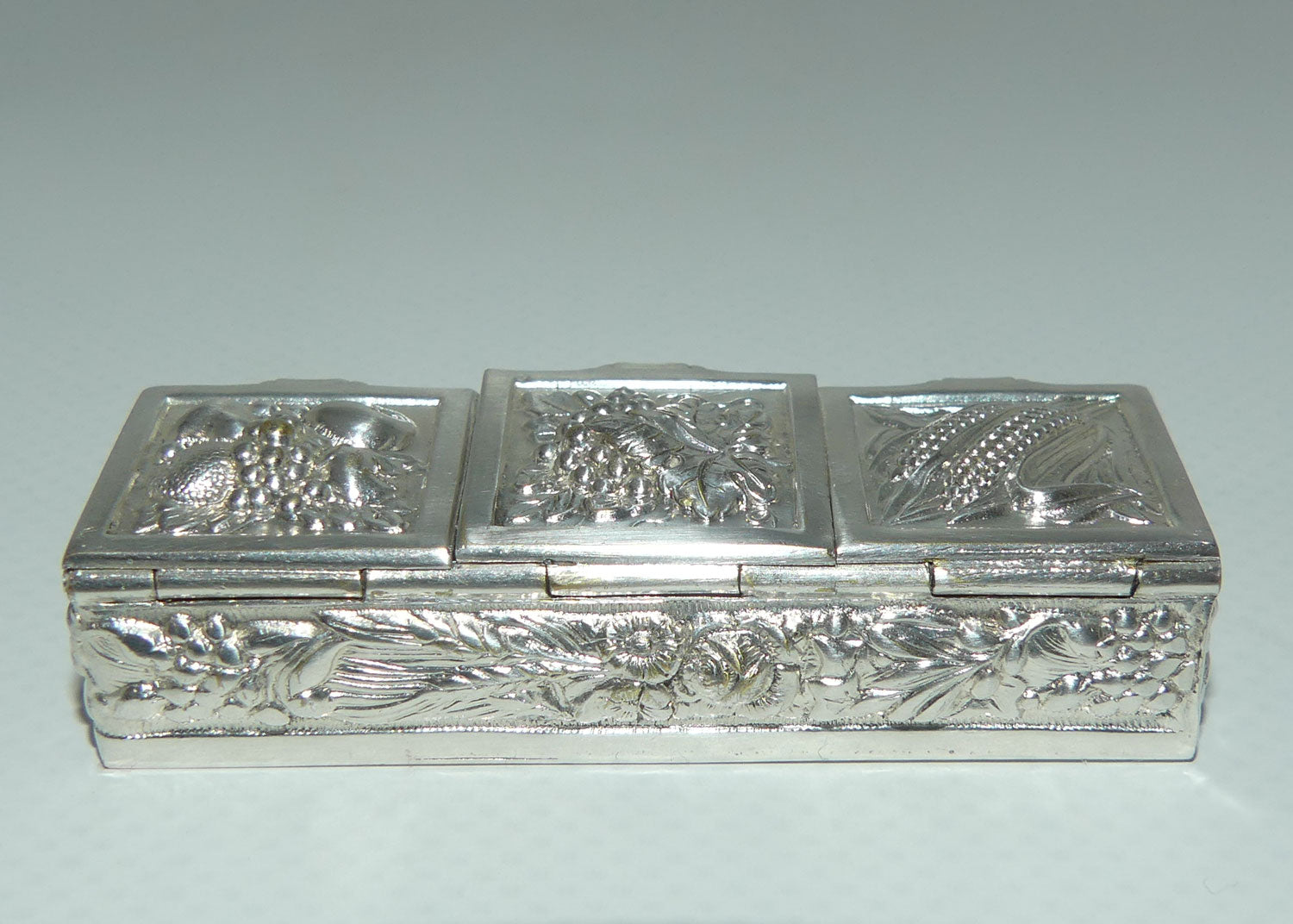 Vintage Three Section Harvest Motif Continental Silver Plate pill box