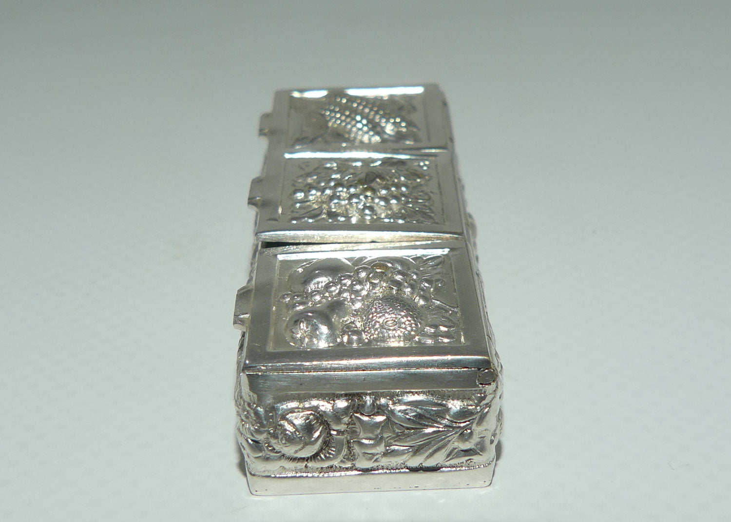 Vintage Three Section Harvest Motif Continental Silver Plate pill box