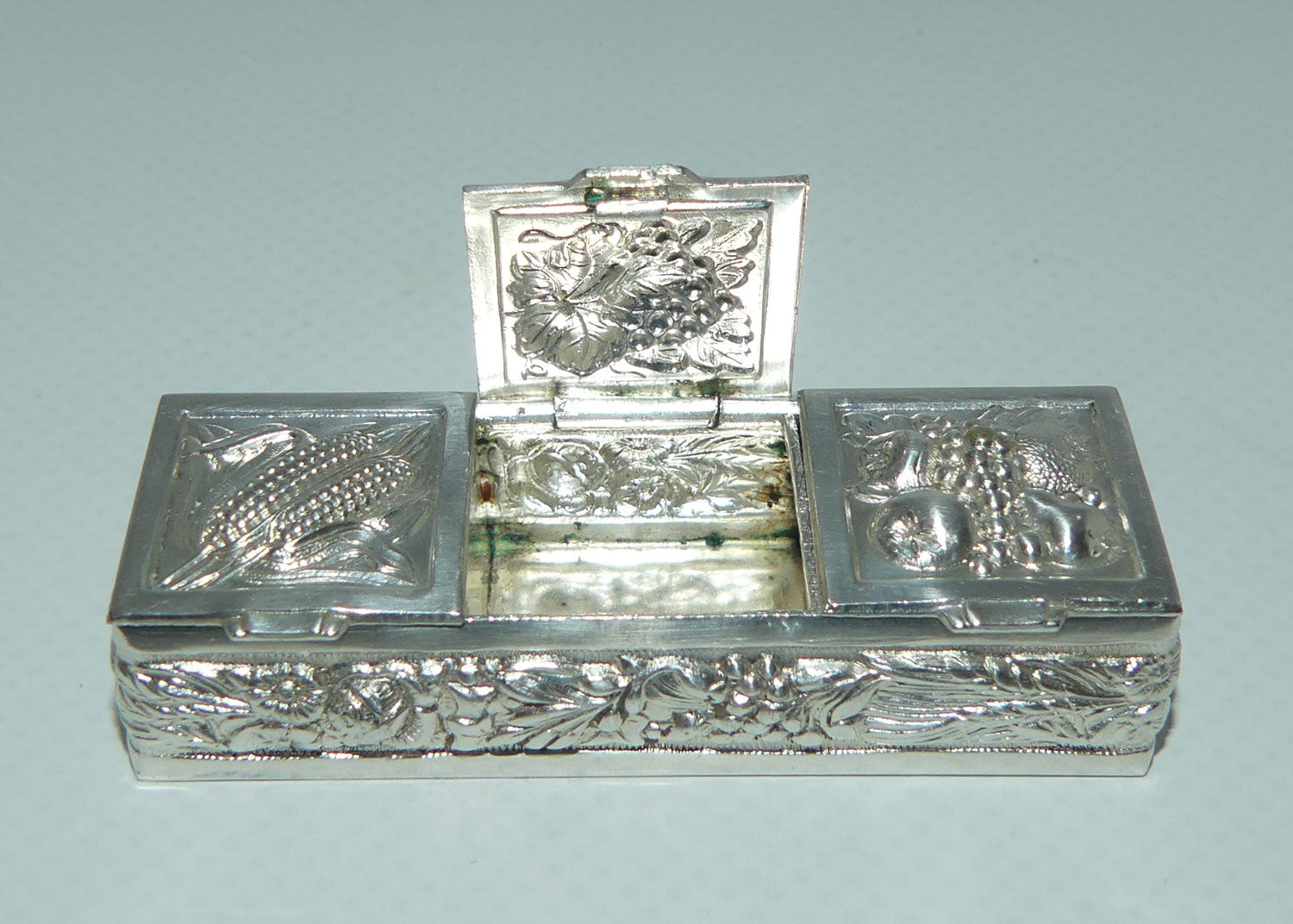 Vintage Three Section Harvest Motif Continental Silver Plate pill box