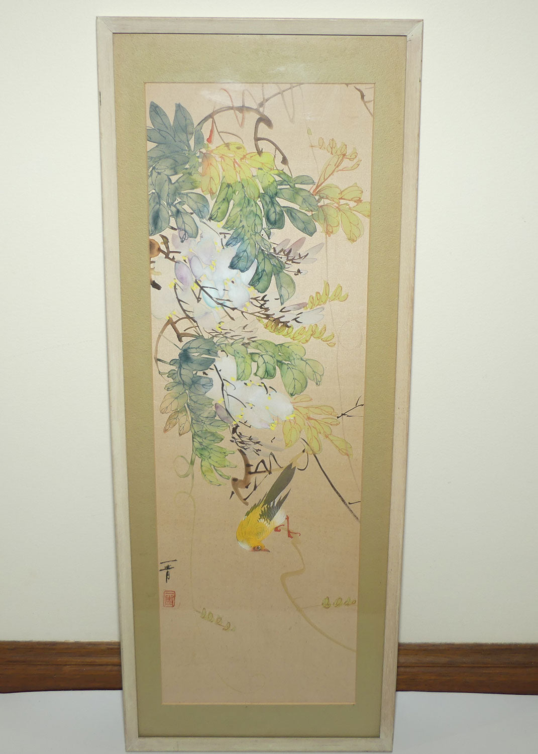 Framed Painting on Silk | Traditional Chinese Ink and Wash painting featuring Yellow Bird