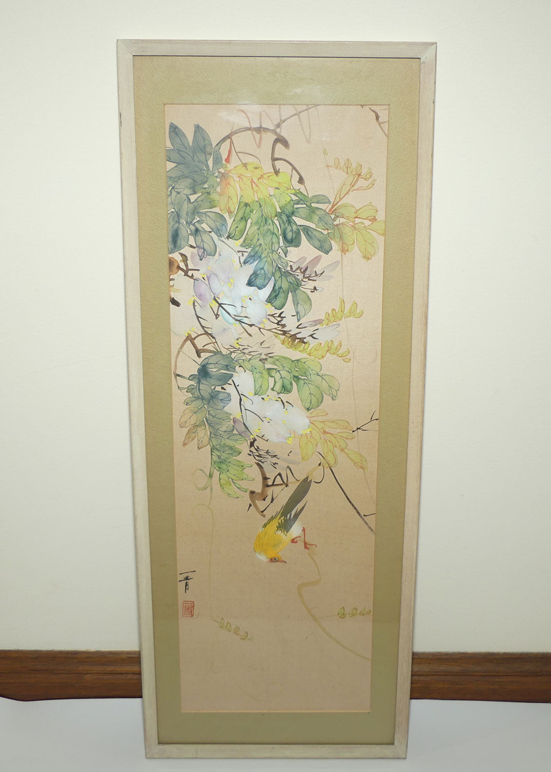 Framed Painting on Silk | Traditional Chinese Ink and Wash painting featuring Yellow Bird