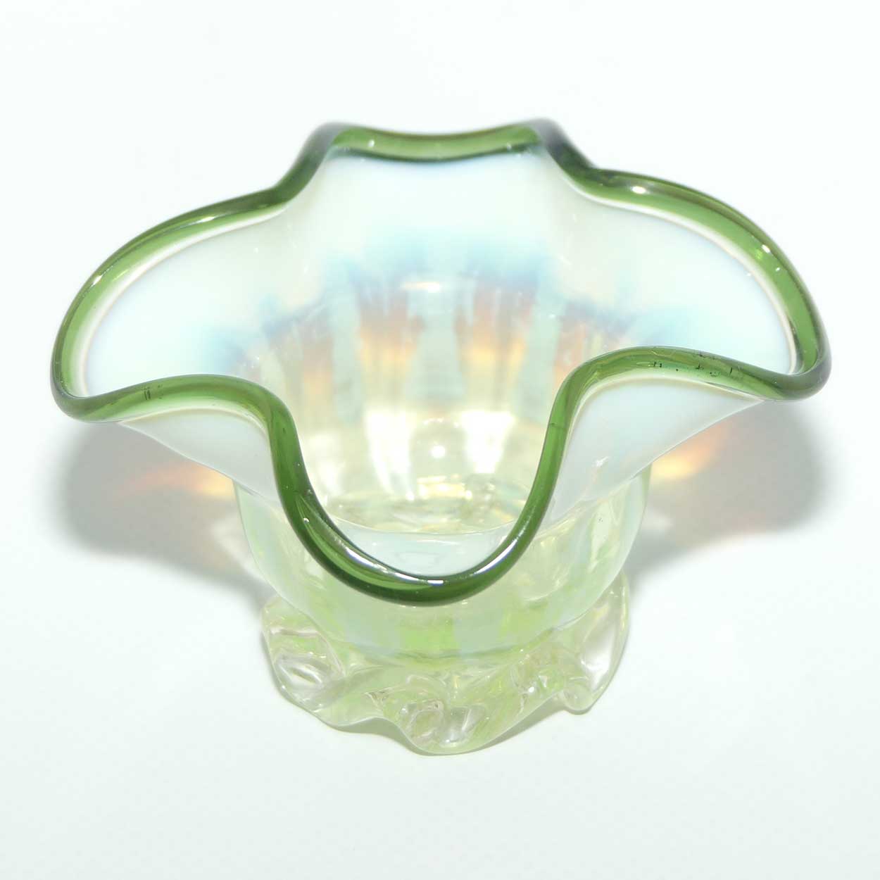 Victorian era Uranium Glass salt cellar with Olive Green trim