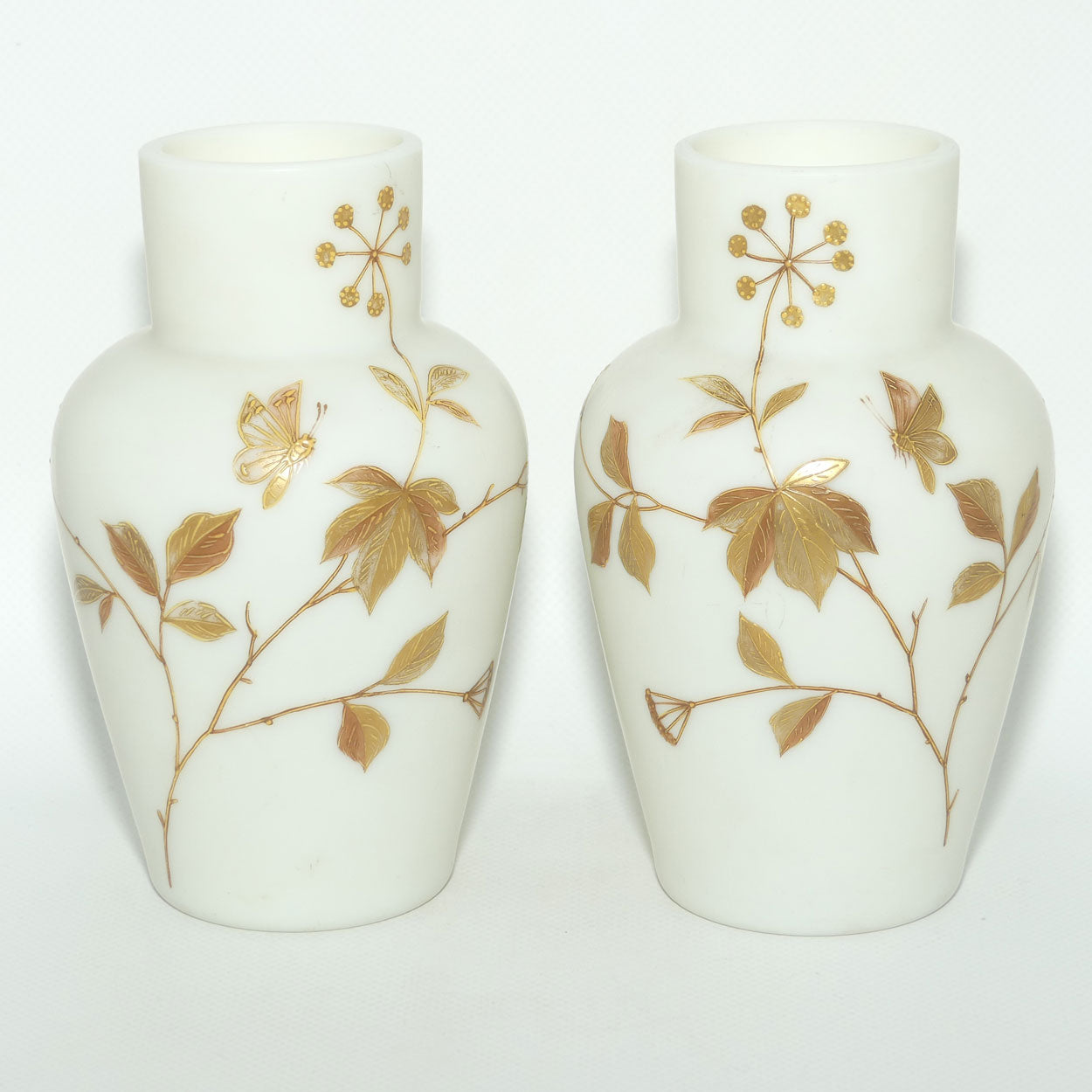 Pair of Victorian era Satin Glass Hand Enamelled vases | Uranium Glow