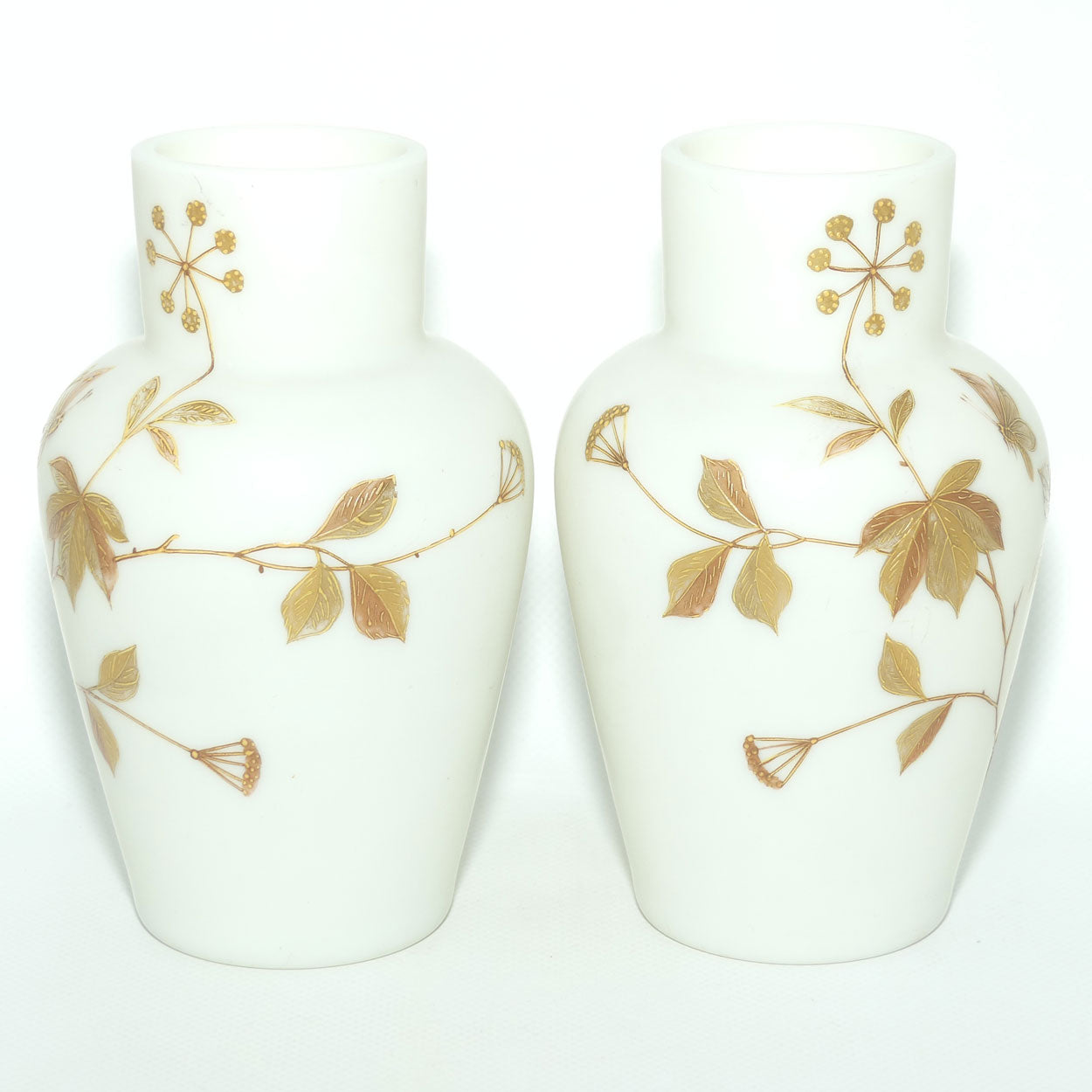 Pair of Victorian era Satin Glass Hand Enamelled vases | Uranium Glow