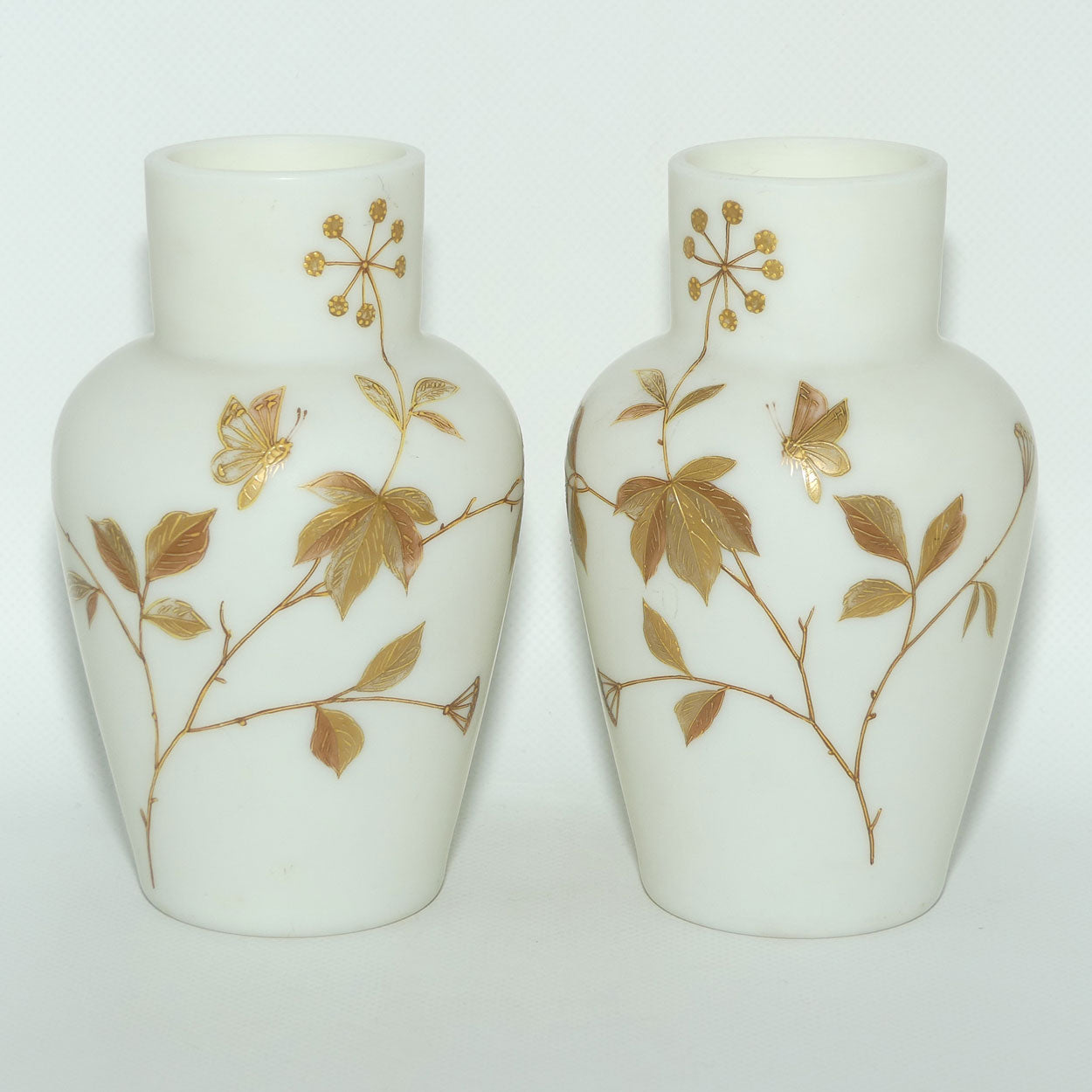 Pair of Victorian era Satin Glass Hand Enamelled vases | Uranium Glow