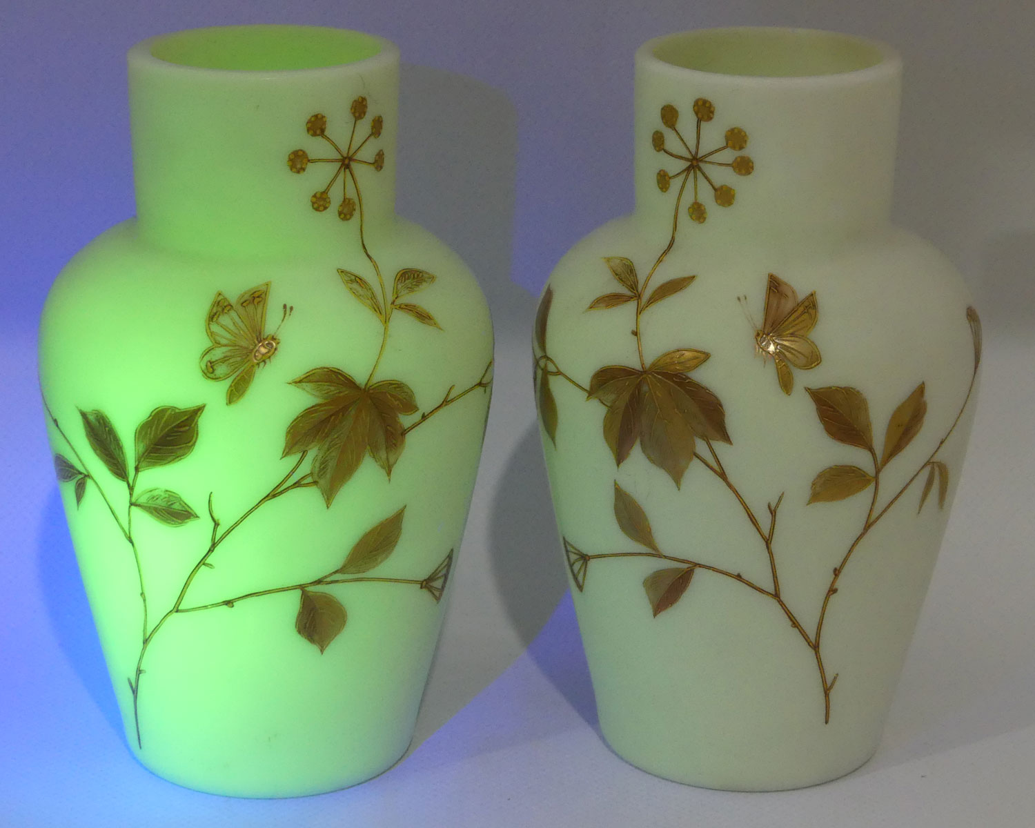 Pair of Victorian era Satin Glass Hand Enamelled vases | Uranium Glow